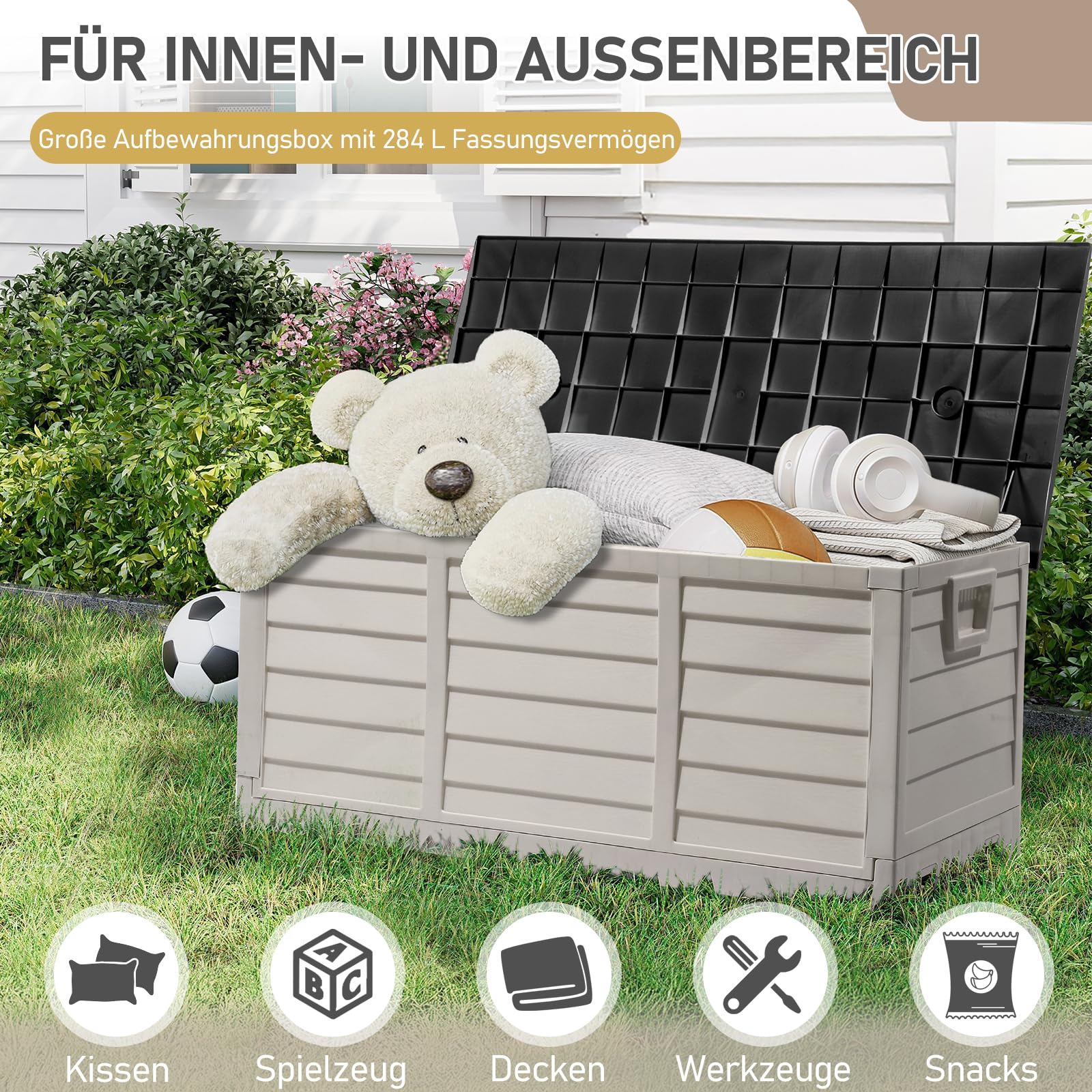 Faltbarer Gartenbox, 284L Fassungsvermögen mit Griffen und Rädern - Wasserfest und UV-beständig, Auflagenbox geeignet für Terrassen, Balkone, Wohnzimmer und Wintergärten, Schwarzweiß