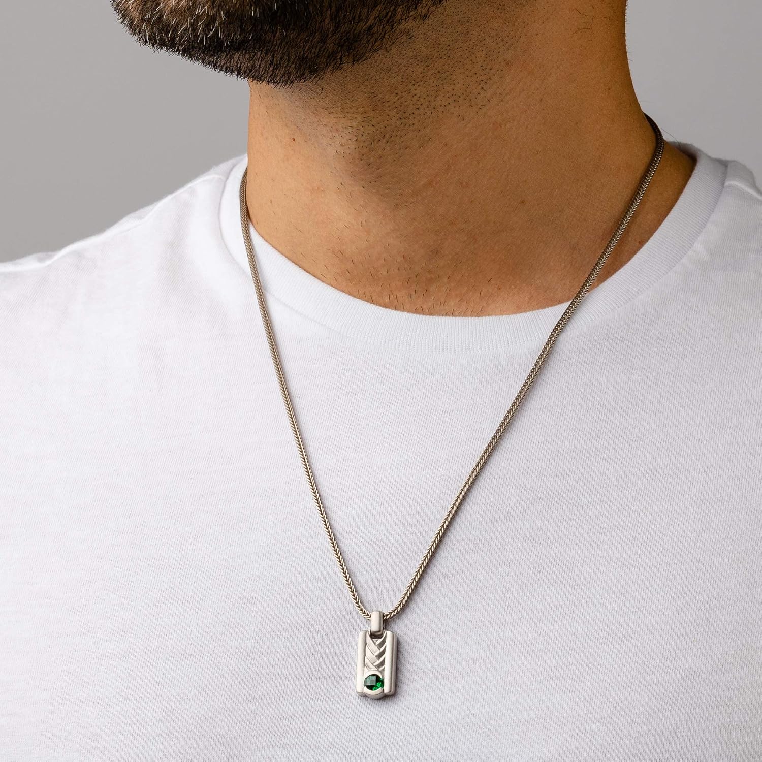 PEORA Simulated Emerald Chevron Pendant Necklace for Men in Sterling Silver, Round Shape, Brushed Finished, with 22-Inch Italian Chain, Men's Emerald Necklace, May Birthstone w/Jewelry Box