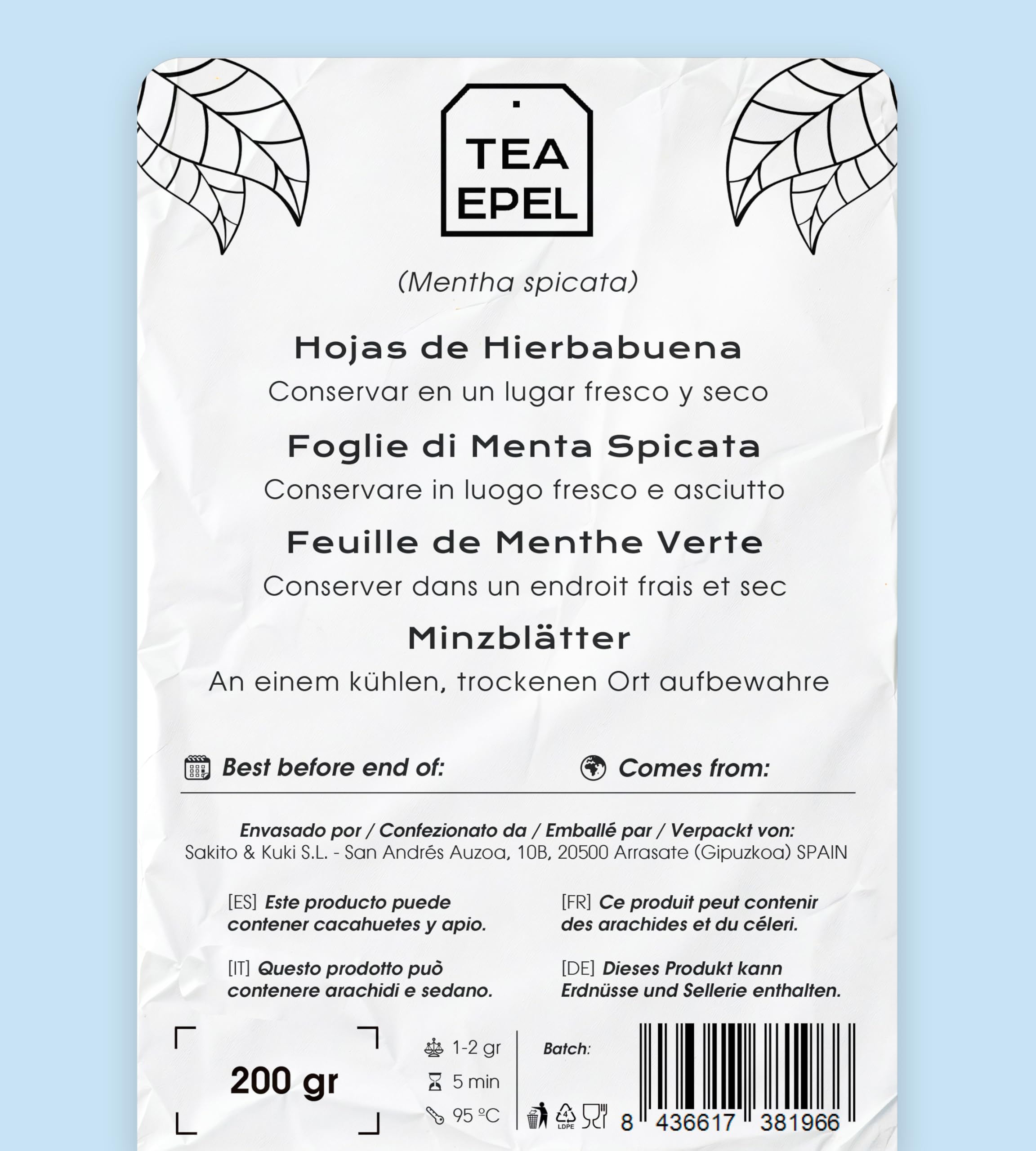 Hierbabuena 200 gr - Te de Hojas de Hierbabuena Cortadas - Infusion de Menta - Te de menta - Infusiones a Granel - Infusión de Hierbas - Propiedades Naturales