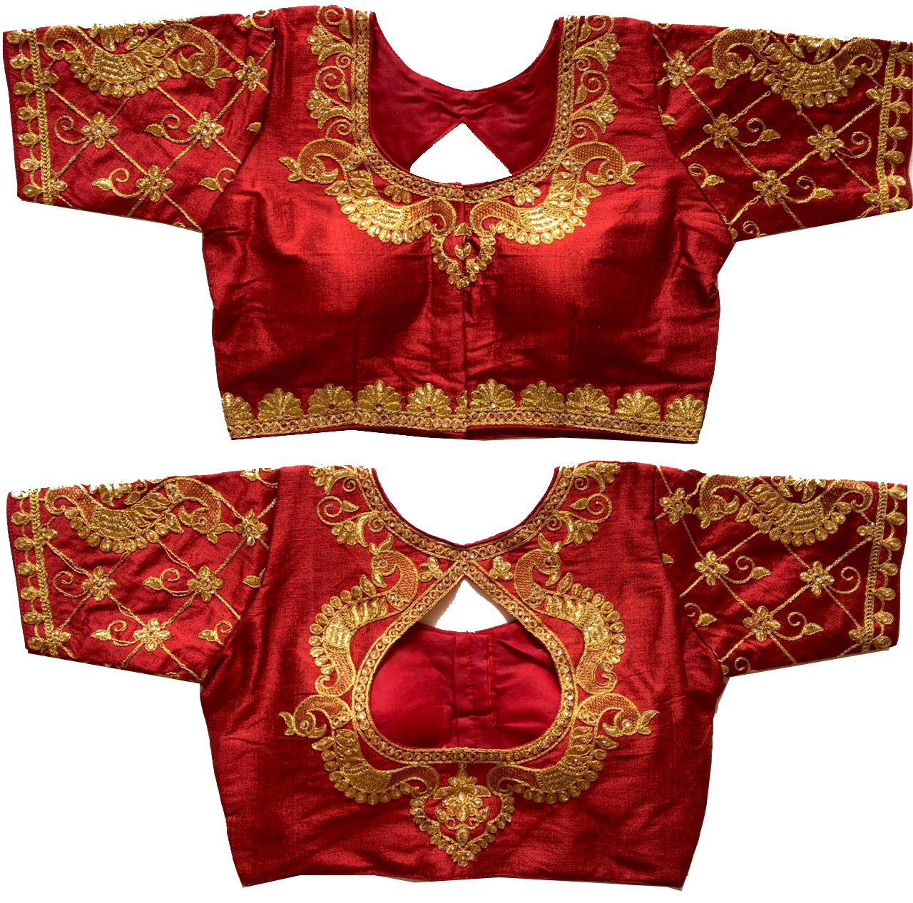 Pujia Mills Women's Multicolor Water Drop Back Neck Peacock Embroidery Stone Work Half Sleeves Design Phantom Silk Readymade Saree Blouse (Murari Blous_Maroon_38 +Margin)