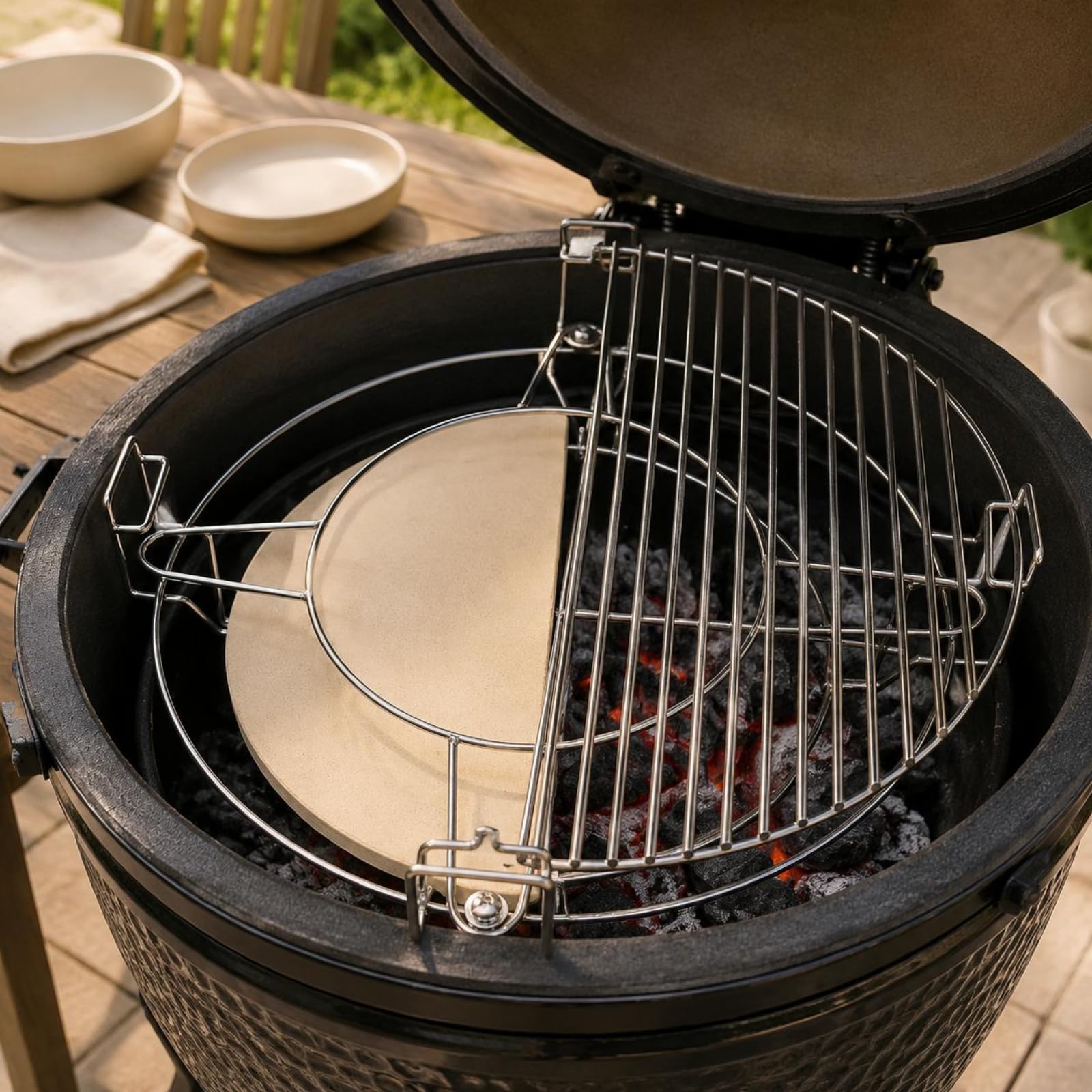 Pizzastein Grill Pizzaplatte Backstein Backplatte mit Rundem Edelstahlgestell aus Cordierit für Gleichmäßige Hitze Und Rissarme Nutzung für grill, 23.5-24 Zoll