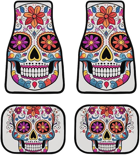Non-Slip Car Mat Sugar Skull Printed Car Floor Mat Set of 4 All Weather Car Carpet Automotive Foot Mats Car Accessories for Sedans Vans SUV Truck RV Vehicle