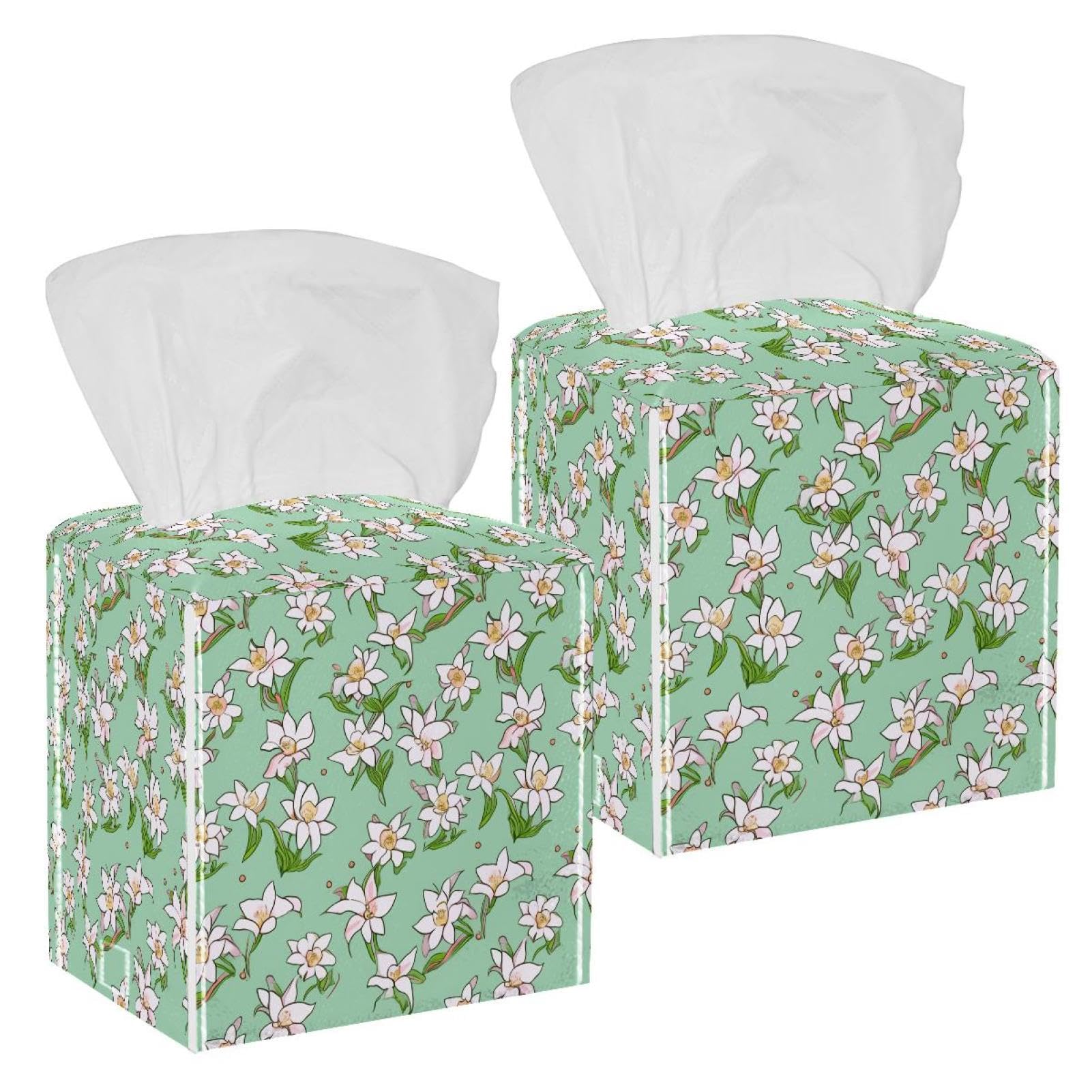 Lily Pattern Tissue Box Cover, 2 Pack PU Leather Square Facial Tissue Dispenser Box holder for Home Office Car
