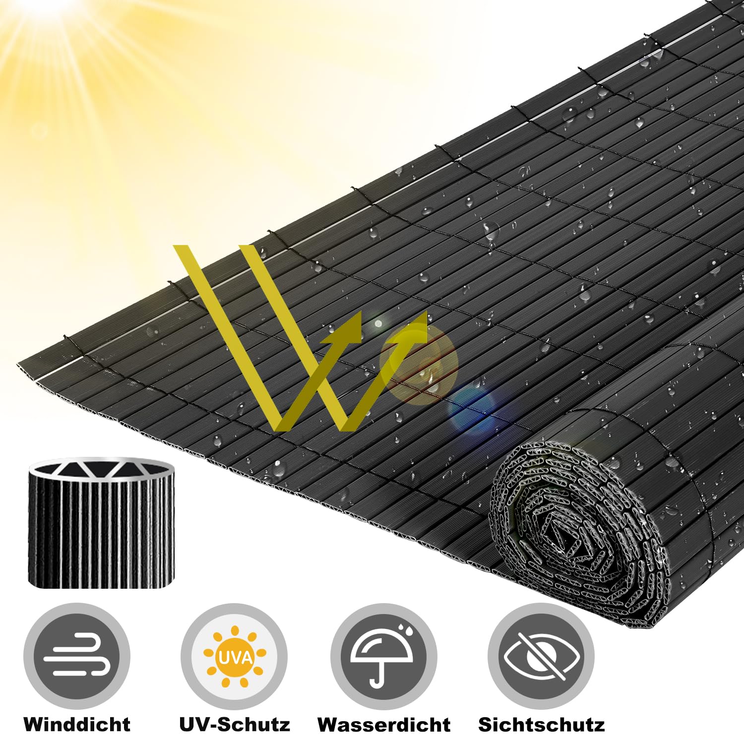 Sichtschutzmatte, PVC Sichtschutzzaun, 4-Gewicht-Verstärkung, 0.9 x 8M Sichtschutz für Zaun Balkon, Gartenzaun mit Kabelbindern, Windschutz UV-beständig, für Balkon Garten Terrasse, Anthrazit