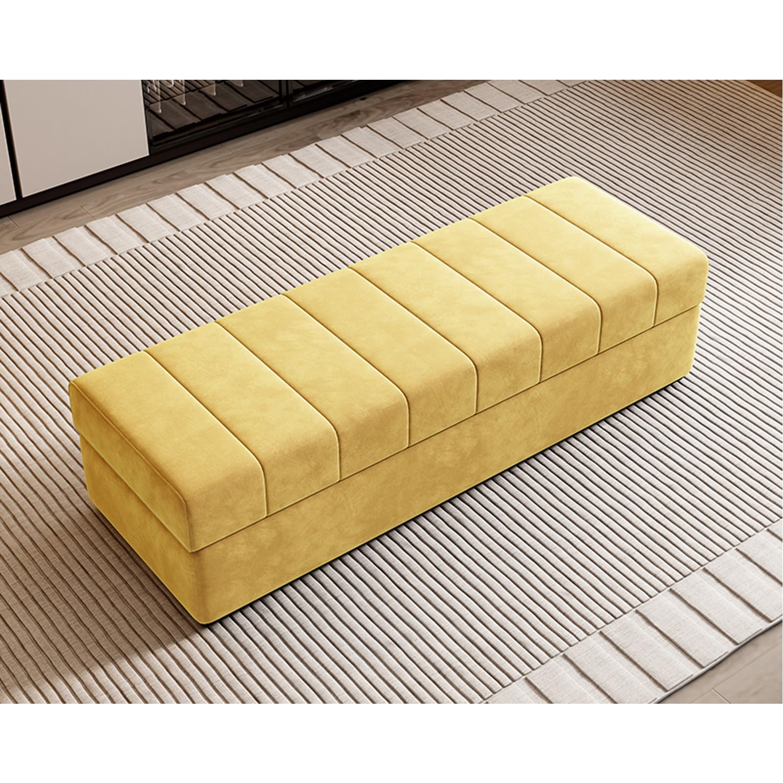LMMIAOZ Extra Long Cat Claw Flannel Ottoman with Storage - Rectangular Footstool & Shoe Bench for Bedroom & Living Room - Stylish Change Stool & Foot Rest in Yellow