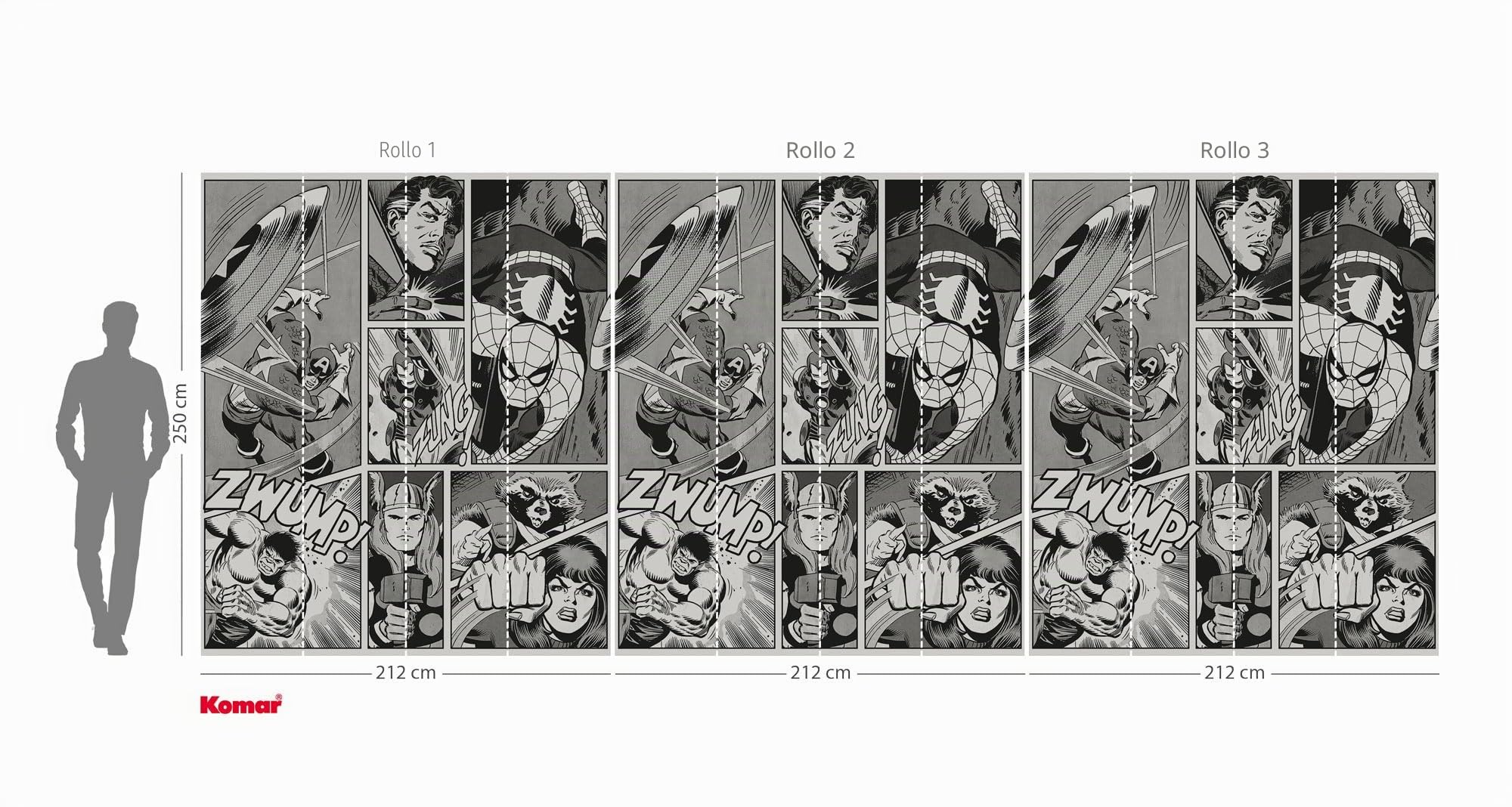 Marvel Classic Comic Panel Monochrome - Papel pintado de vinilo (212 x 250 cm, 1 rollo de 4 paneles, para habitación infantil, diseño de superhéroes)