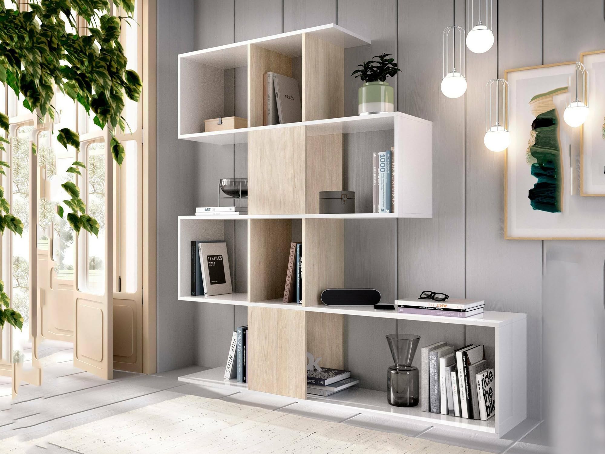Dmora - Libreria Moneglia, Scaffale da ufficio multiuso, Mobile biblioteca portalibri a 4 ripiani, 145x29h145 cm, Bianco e Rovere