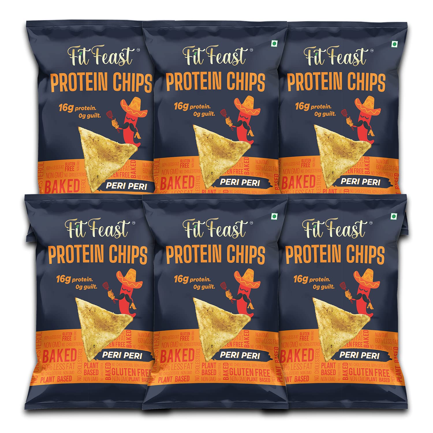 FitFeast Protein Chips, Box of 6 (Peri Peri) | 16g Protein Per Bag | Oven-Baked | 60% Less Fat | Gluten Free | Plant Based | Trans Fat Free (60g Each)