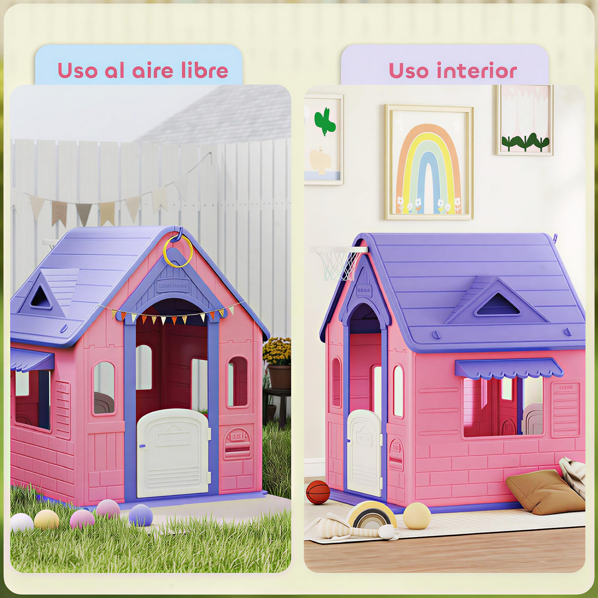AIYAPLAY Casita Infantil Exterior e Interior 3 en 1 con Lanzamiento de Aros y Baloncesto Casita Infantil de Jardín Casa de Juegos para Niños 2-5 Años Rosa y Morado