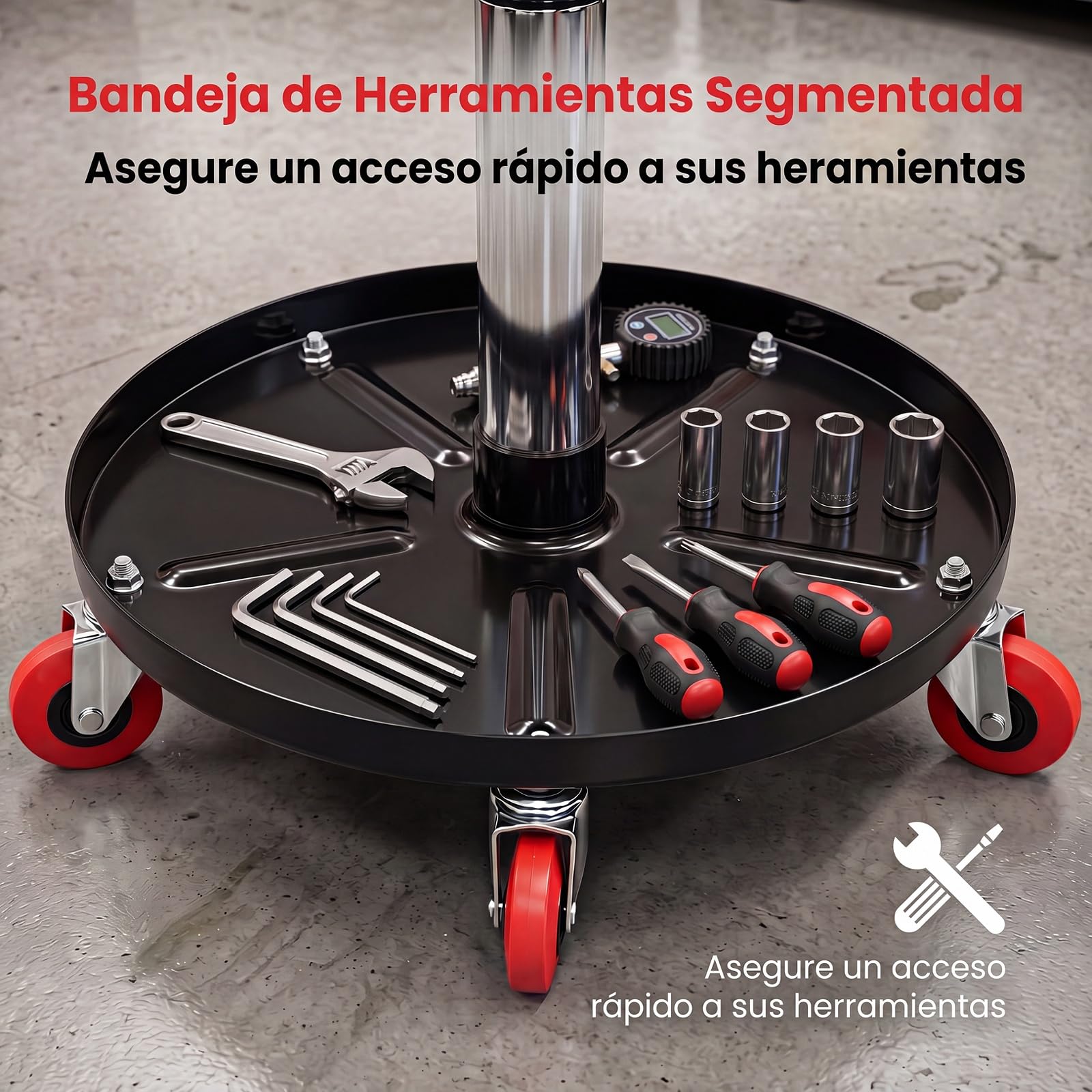 COSTWAY Taburete de Taller con 5 Ruedas, Taburete Mecánico Acolchado | con Altura Ajustable 45,5-60 cm, Bandeja para Herramientas, Asiento Giratorio para Garaje, Reparación de Automóviles