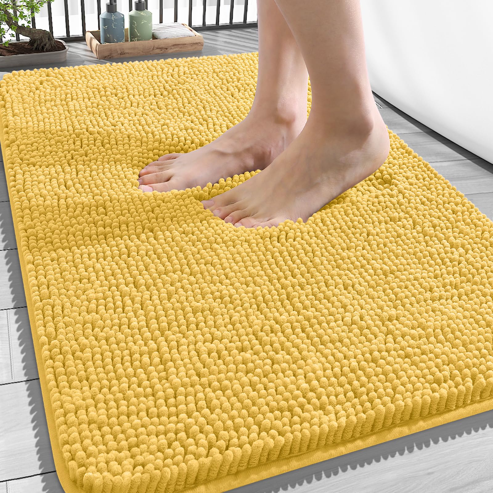 OLANLY Bathroom Rugs 34x21, Extra Soft Absorbent Chenille Bath Rugs | Yellow, Quick-Drying Rubber Backing, Machine Washable Bath Mat for Bathroom Floor, Tub and Shower, Home Decor Accessories