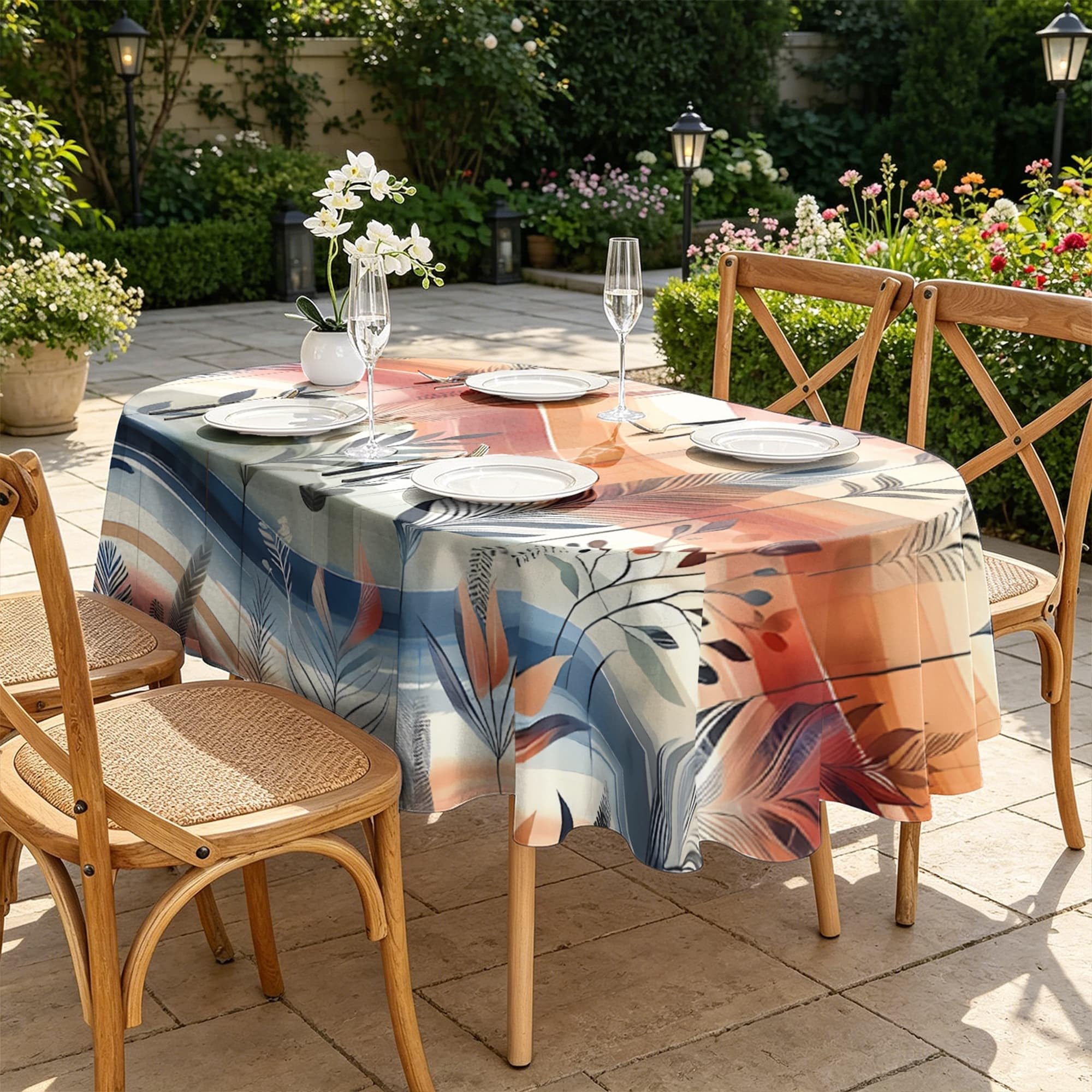 Botanik Sonnenuntergang Tischdecke Oval 160x220, Tropisch Tischdecken Abwaschbar Lotuseffekt, Boho Landschaft Tischtuch aus Polyester Fleckschutz Wasserabweisend für Küche, Garten, Party, R-135