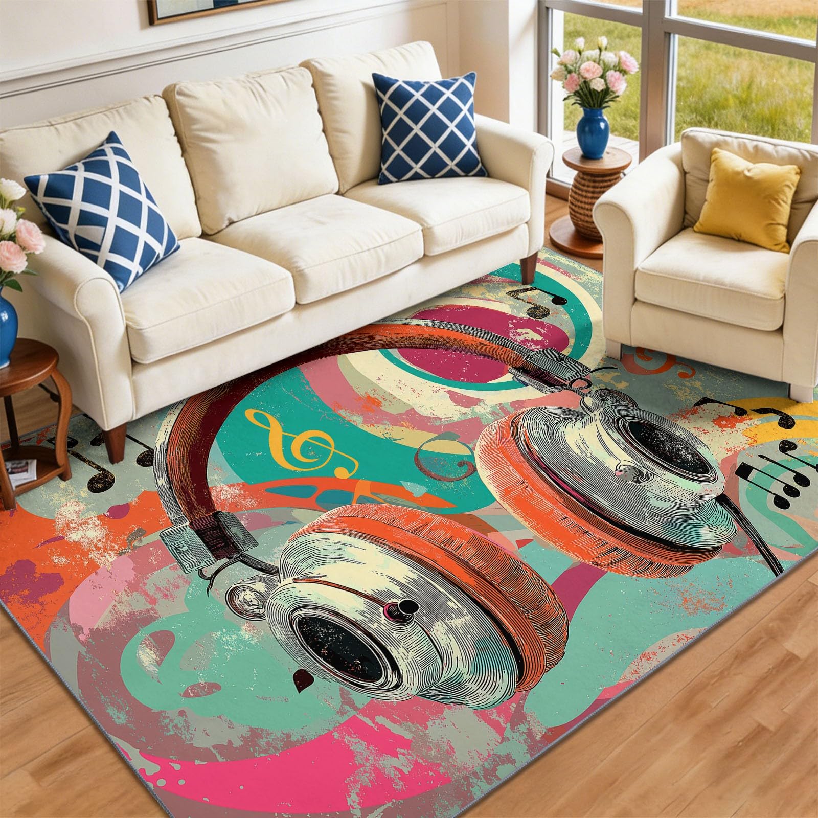 Dywan można prać w pralce, muzyka i kwiaty, kolorowy wzór bloków do salonu, sypialni, jadalni, 140 x 200 cm, miękki dywan do pokoju dziecięcego, kolorowy