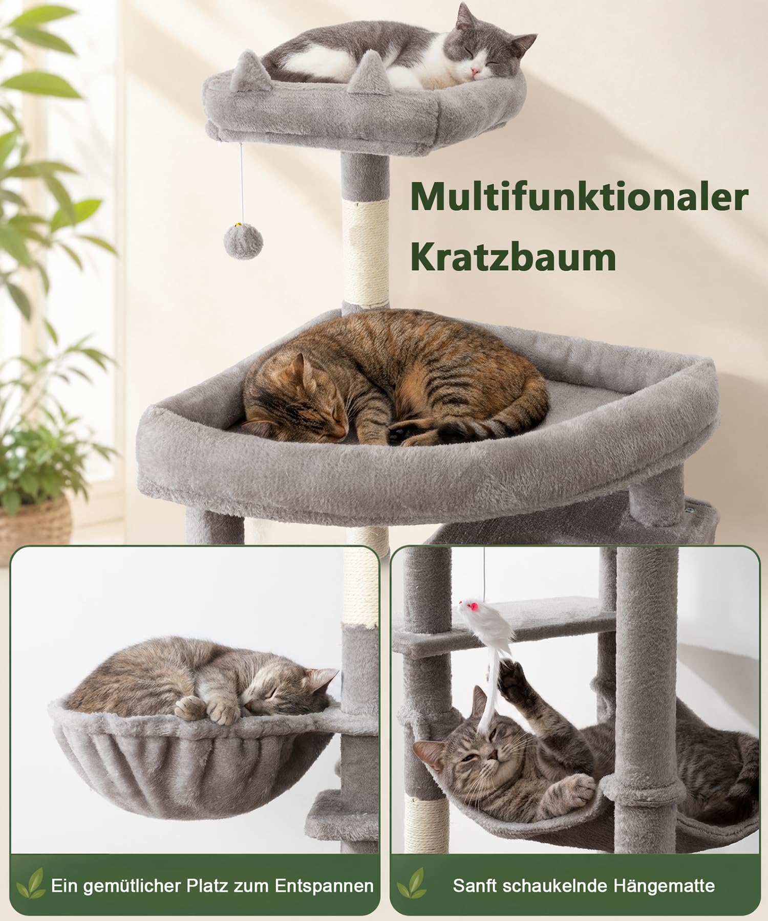 Kratzbaum, 210 cm hoch, Katzenbaum für große Katzen | Kratzbaum Groß, XXL Mehrstöckiger Katzenkratzbaum mit 2 großen Höhlen, 2 Plattformen, Kratzbrett, Hängematte, Sisal Kratzbaum