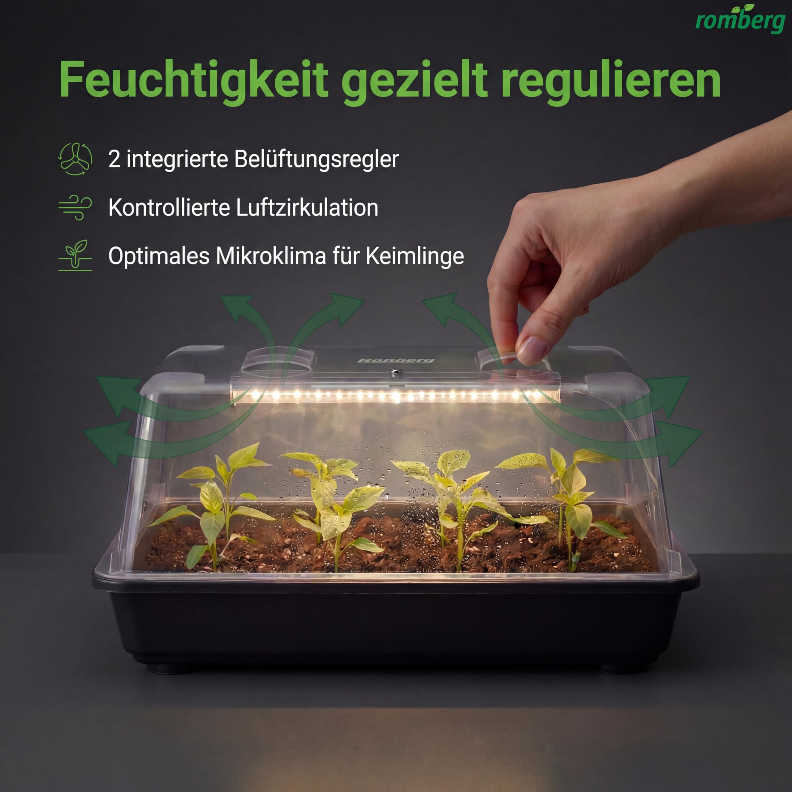 Romberg Lumio M LED Serre très Stable, avec Ventilation et éclairage LED pour Plantes, 38 x 24 x 19 cm, Anthracite