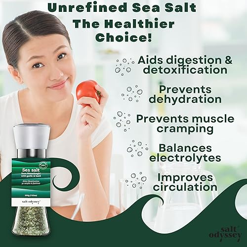 Miniatura 5 de Sal marina pura ODYSSEY para condimentar carne, pescado y pollo, sal marina gourmet 100% natural de Grecia, sal marina de ajo y albahaca con