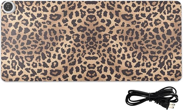 Leopard Print Heated Desk Pad Heated Mouse Pad 3 Heating Levels & 3 Hours Auto Shut-Off, Anti-Slip PU Leather Warm Big Desk Keyboard Mat for Home Office, 31.5 x 13 in