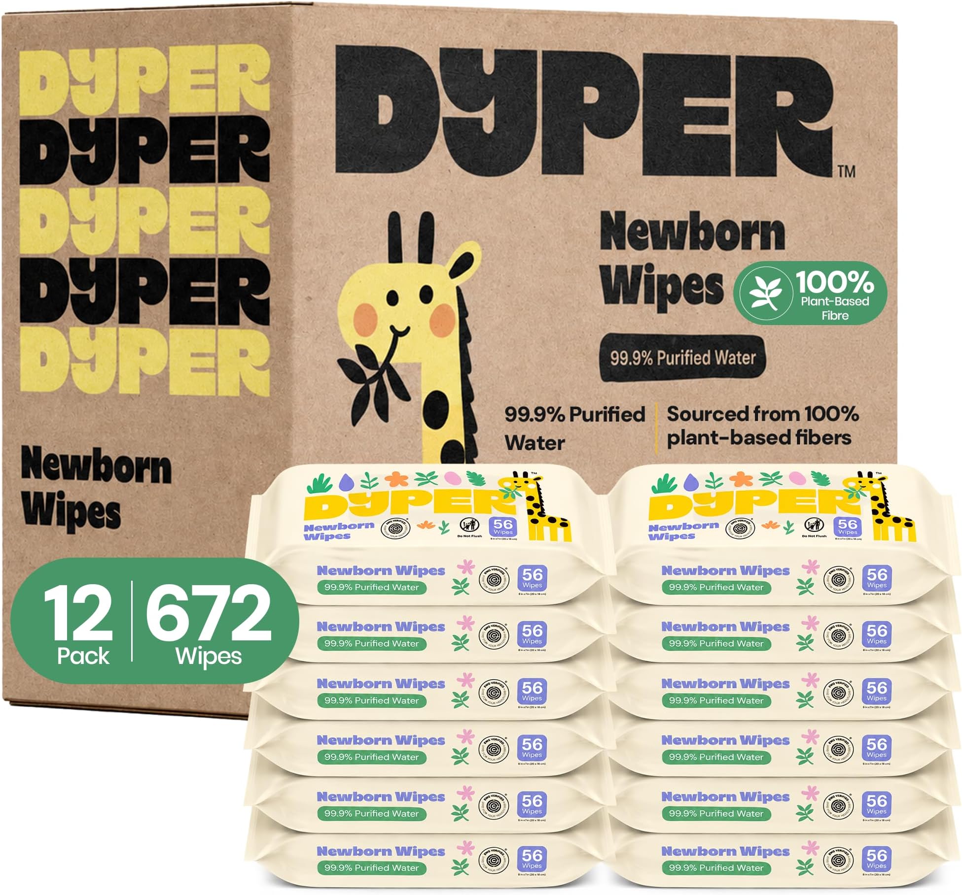 DYPER Newborn Sensitive Baby Wipes Unscented (224 Count), 99.9% Water-Based, Plant-Based & Hypoallergenic - Gentle for Sensitive Skin, Plastic-Free Multi-Use Wet Wipes (Pack of 4) Packaging May Vary