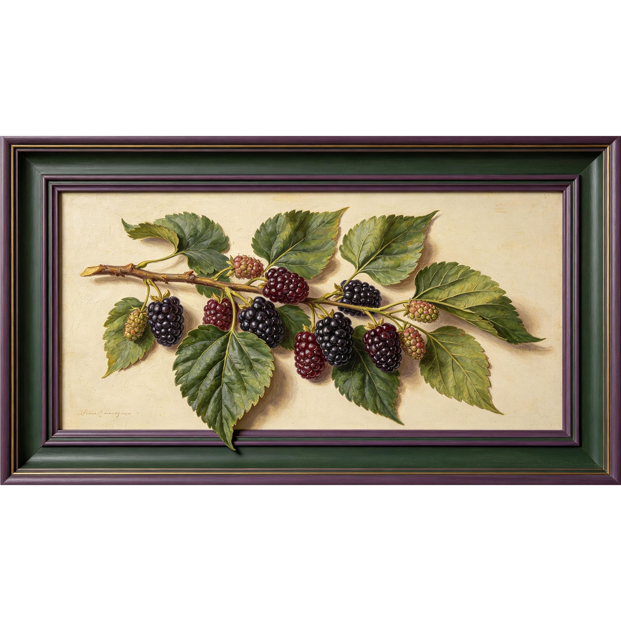 QZLITHOTIC 50x90cm3D Framed Wall Art， Botanical Blackberry Branch Oil Painting Style Self‑Adhesive Mural， Water‑Activated Peel & Stick Fabric Decor Wall Decal for Bedroom Living Room