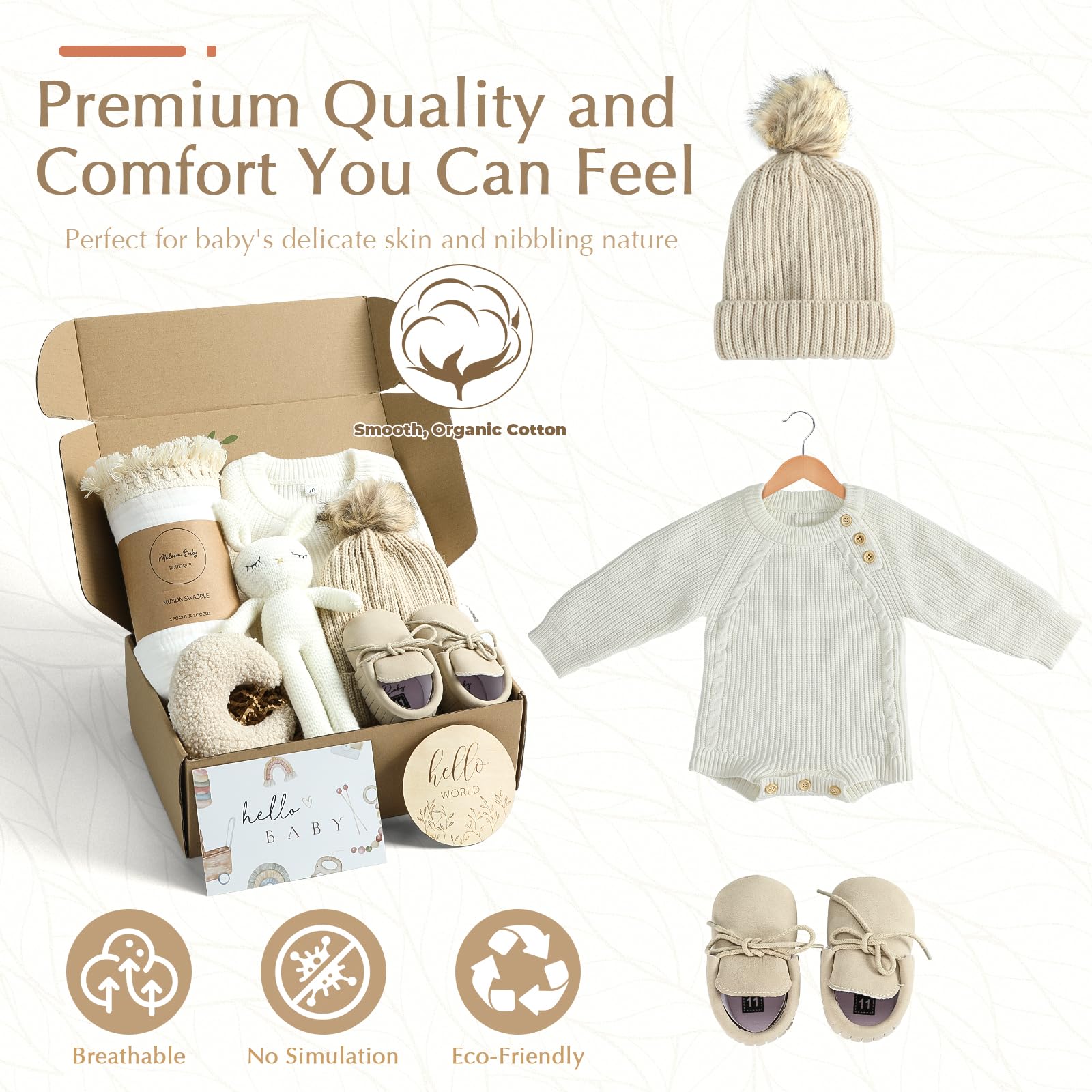 meloom Baby Gift Set, Unisex Newborn Gifts Box, Boho Gender Neutral Baby Essentials, for New Mom, New Baby Gifts for Boys and Girls, Personalized Gift Basket for New Babies