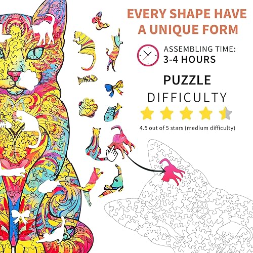 Miniatura 4 de KAAYEE Rompecabezas de madera, encantador rompecabezas de gato, 15.7 x 8.4 pulgadas, 304 piezas, rompecabezas de forma única de animales, regalo