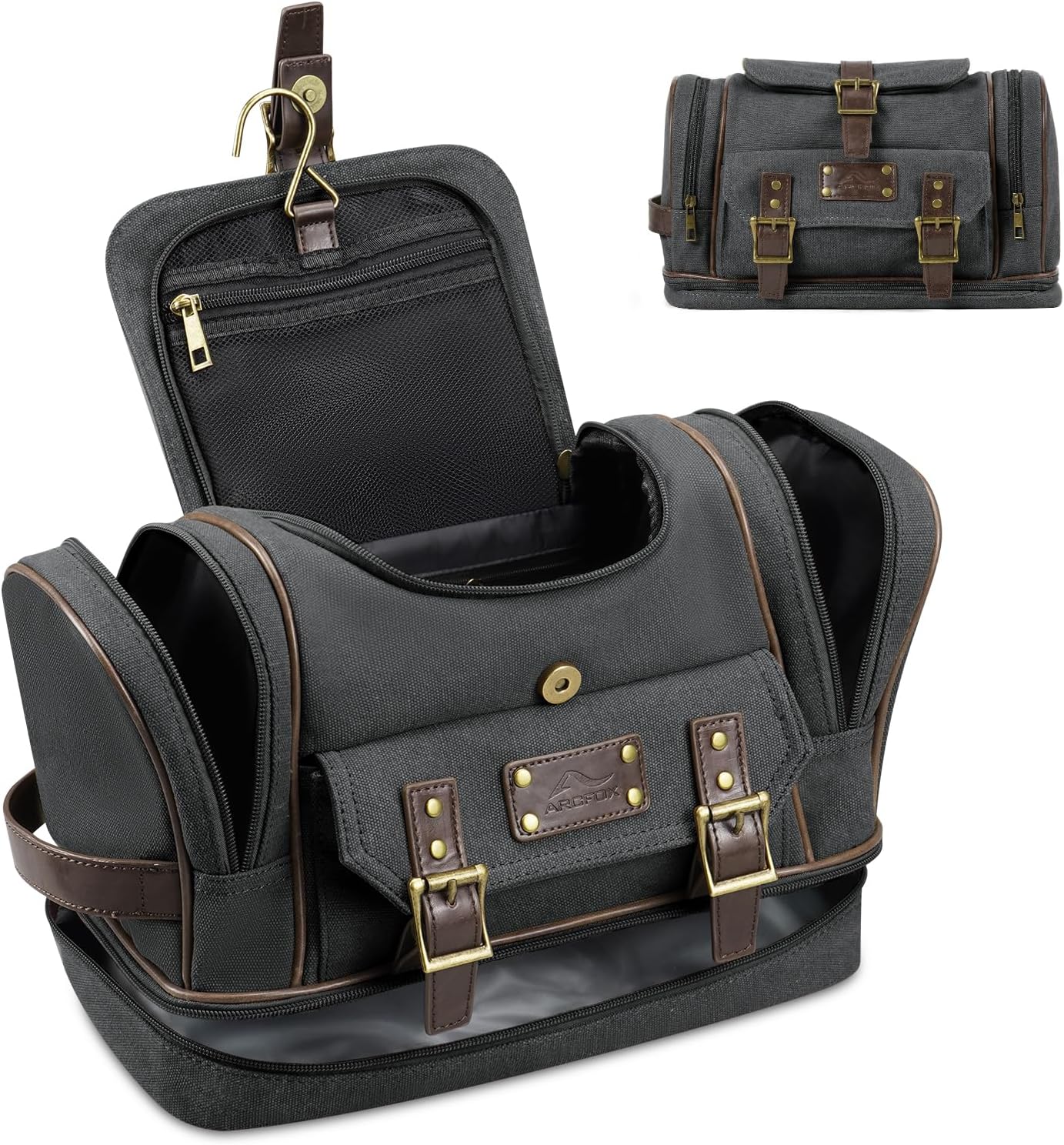 ARCFOX Travel Hanging Toiletry Bag for Men, Vintage Canvas Large Toiletry Bag with 7 Compartments, Camping Gym Travel Toiletry Kit Organizer with PVC Wet & Dry Pockets, Personalized Wash Bag, Black