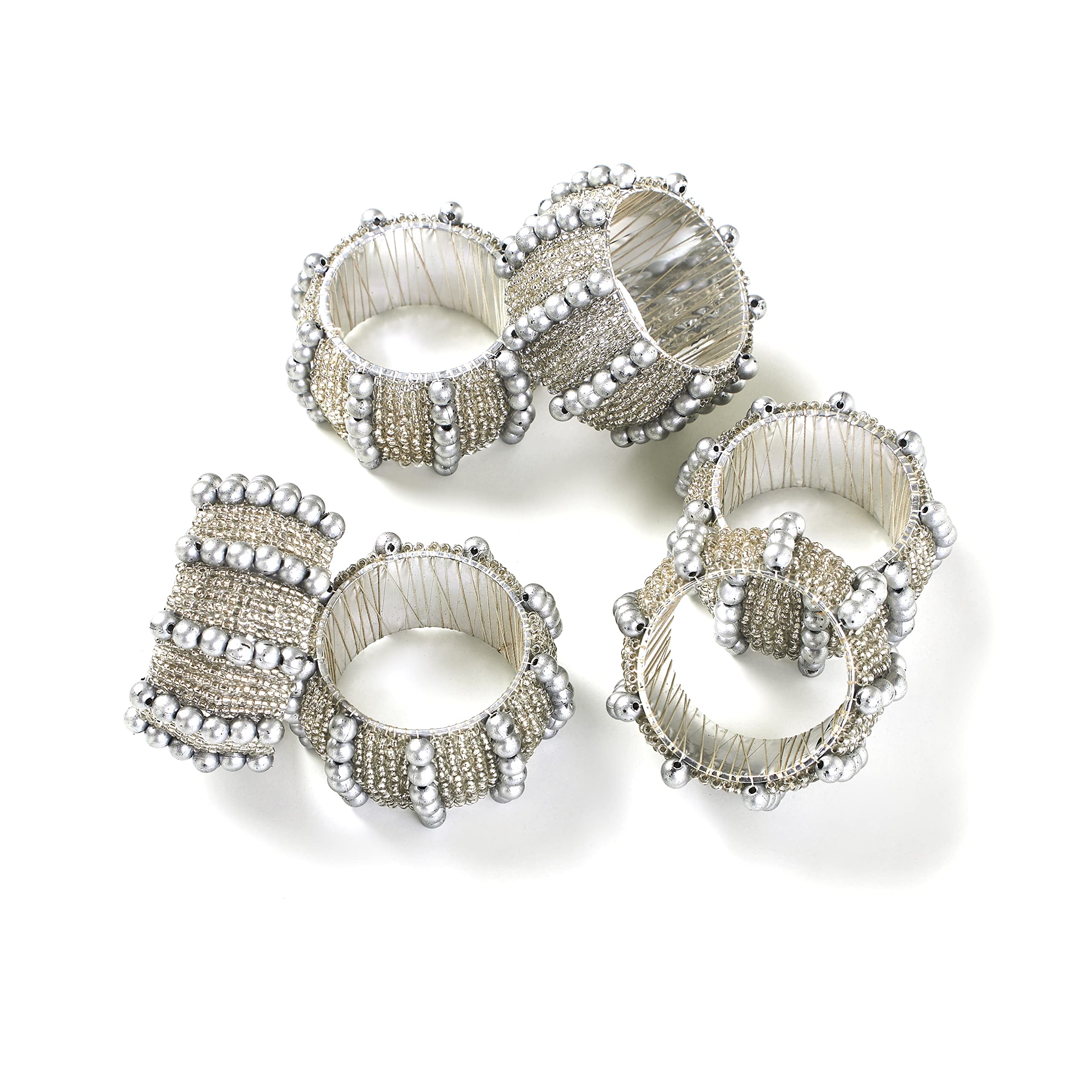 Penguin Home Pearl Silver Set Of 6 Handcrafted Pearl Style Beaded Napkin Rings/Napkin Buckles/Table Decor For Dinner Wedding Party/Thanksgiving, Christmas/Size - 6 X 6 X 3 Cm/Silver