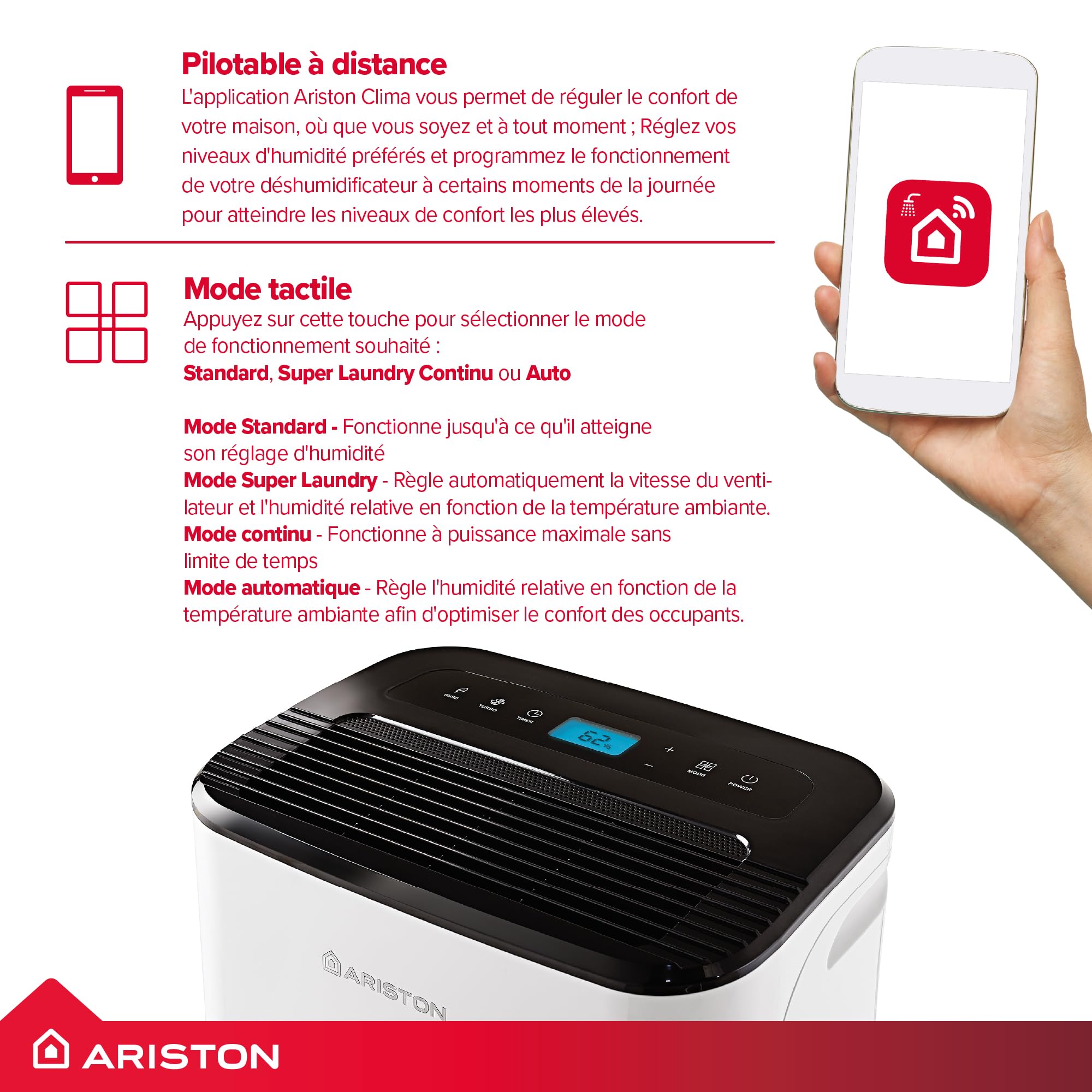 Ariston Deos 21S Net WiFi - Déshumidificateur Portable Haut de gamme 21L - Contrôle Électronique du niveau d’Humidité - Fonction Buanderie, Silencieux, pour des pièces allant jusqu'à 52 m²