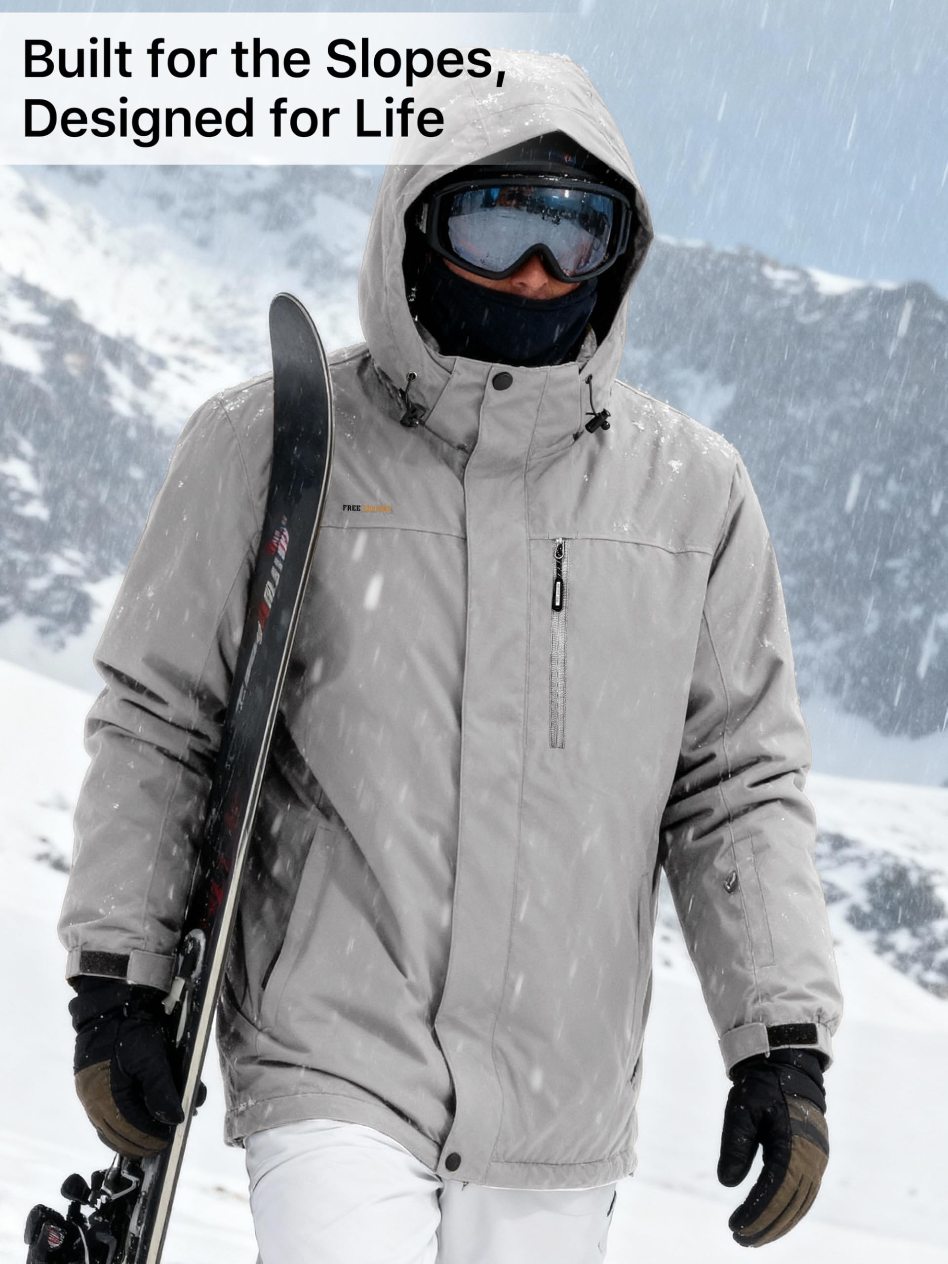 FREE SOLDIER Giacca da sci da neve impermeabile da uomo, foderata in pile, calda giacca invernale con cappuccio, cuciture completamente nastrate (grigio chiaro, M)