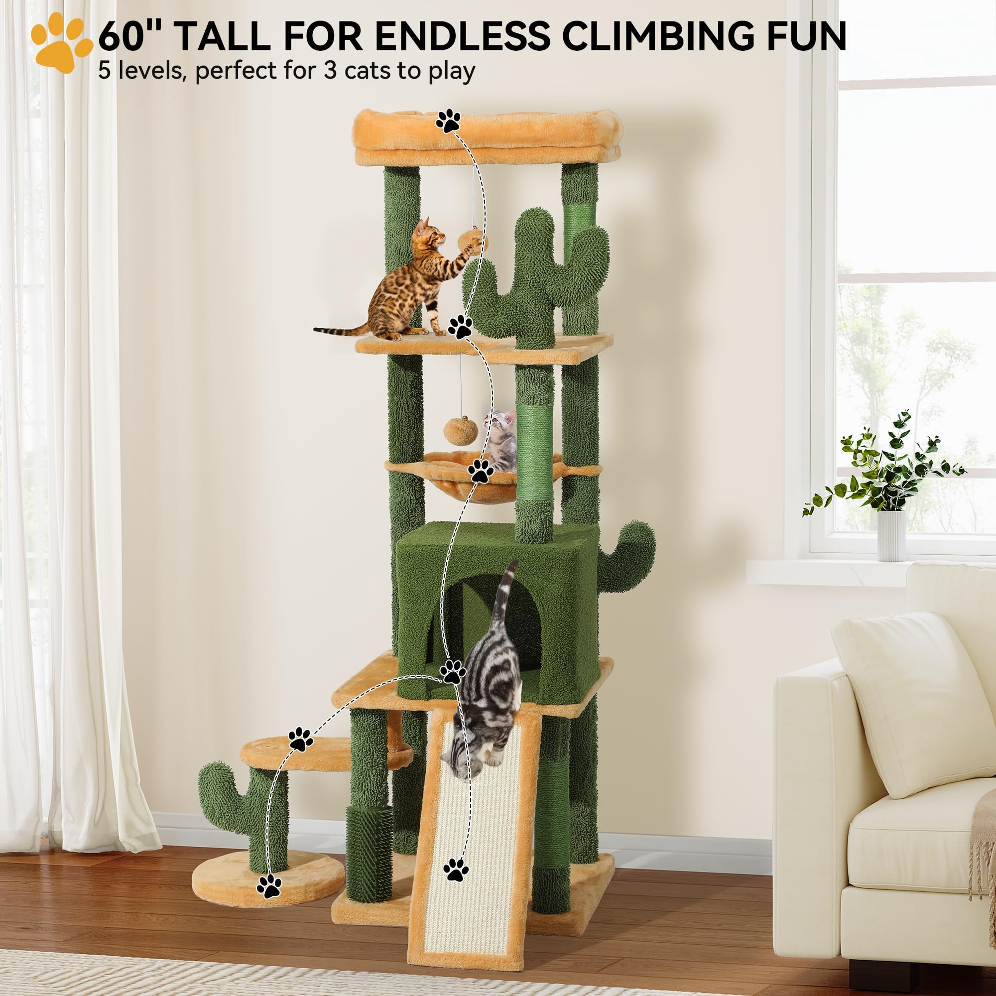 YITAHOME Gothic Cat Tree with Coffin Bed, 63" Tall Cat Tower for Indoor Cats with Top Perch, Spacious Cat Condos, Spider Hanging Balls,Comfy Hammock, Scratching Post and Ladder, Black Halloween: Green & Yellow 60in