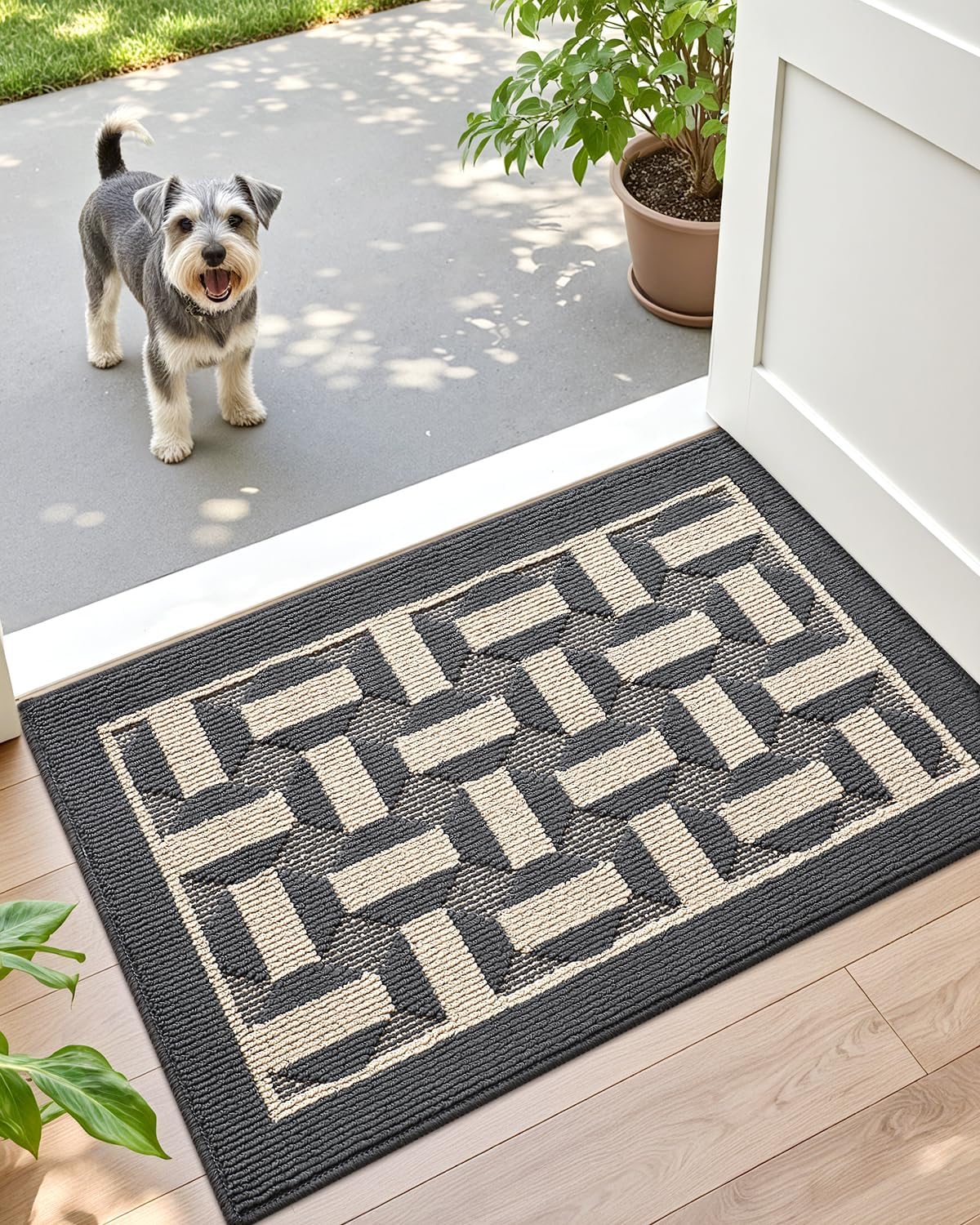 DEXI Front Door Mat 24x36, Washable Entrance Doormat with Non Slip Backing, Low-Profile Welcome Entry Mats fpr Inside House Entryway Floor, Dark Grey 2' x 3' (Rectangular) Geometric Grey