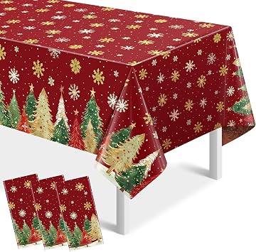 3Pcs Christmas Disposable Tablecloths Rectangle,Christmas Trees Red Plastic Table Cloth,Waterproof Winter Snowflakes Table Cover for Xmas Holiday Home Dinner Party Decorations,54 x 108 Inch