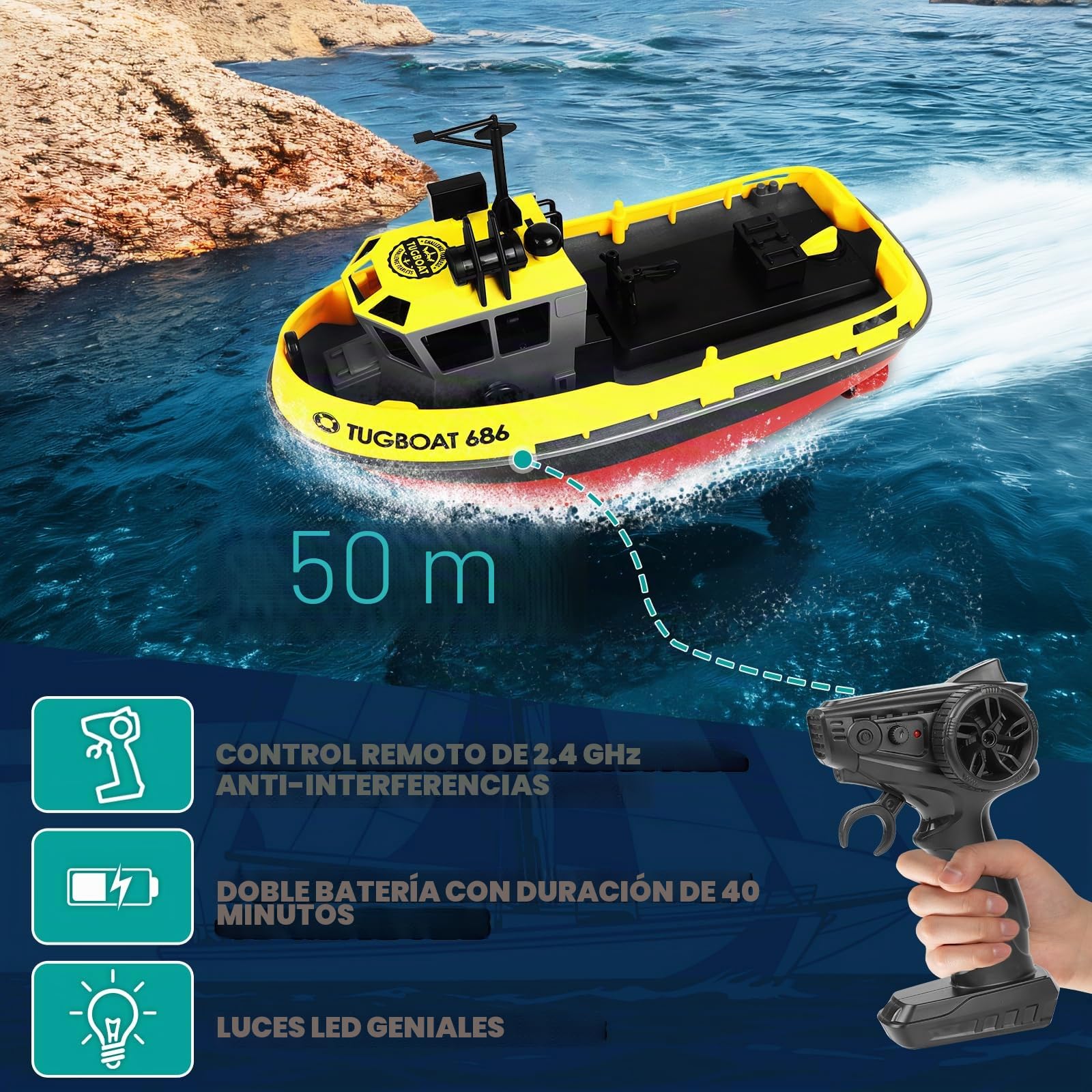 FORMIZON Barco Teledirigido, 1:72 Barco Teledirigido De Bricolaje A Escala, 2.4GHz Lancha Teledirigida con Luces LED, Juguetes Acuáticos de Verano para Niños y Adultos