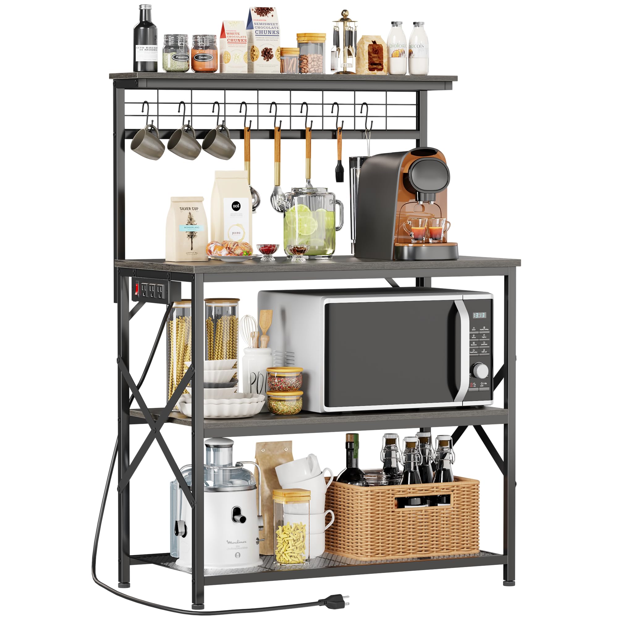 Furologee Kitchen Bakers Rack with Power Outlet,Coffee Stand with Storage 4 Tiers,Coffee Bar Station with a 31.5 Inch Larger Desktop and 8 S Hooks,Kitchen Microwave Rack for Spices,Pots,Black Oak 31.5inch Black Oak