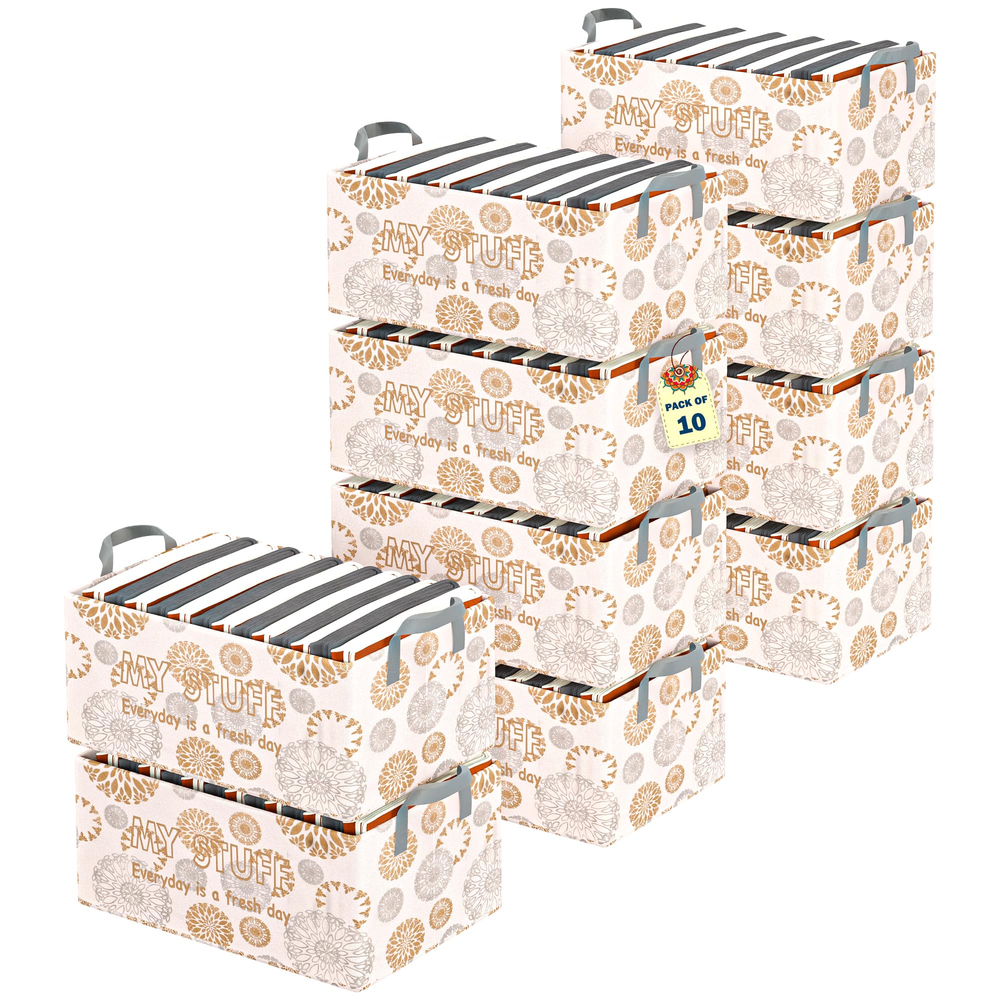 Kuber Industries Pack of 10 - Storage Box For Clothes | Foldable Wardrobe Organizer For Shirts/Pants/Dresses | Rectangular Closet Organizing For Toys, Books With Handle | Gola Print - White