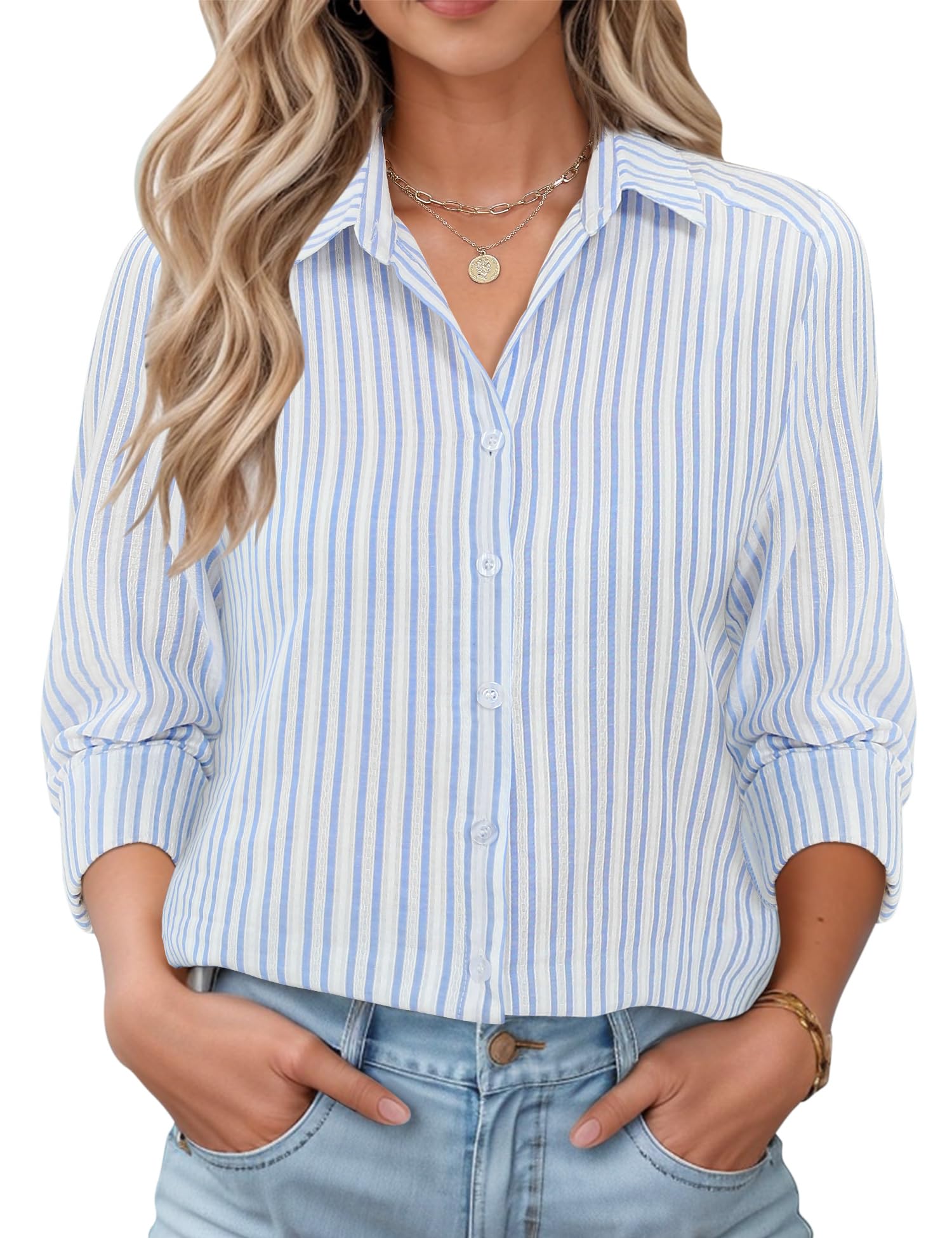 Rapbin Bluse Damen Lässig Langarm Hemd V-Ausschnitt Shirts Tunika Lockere Business Top Elegant Oberteil mit Knopfleiste