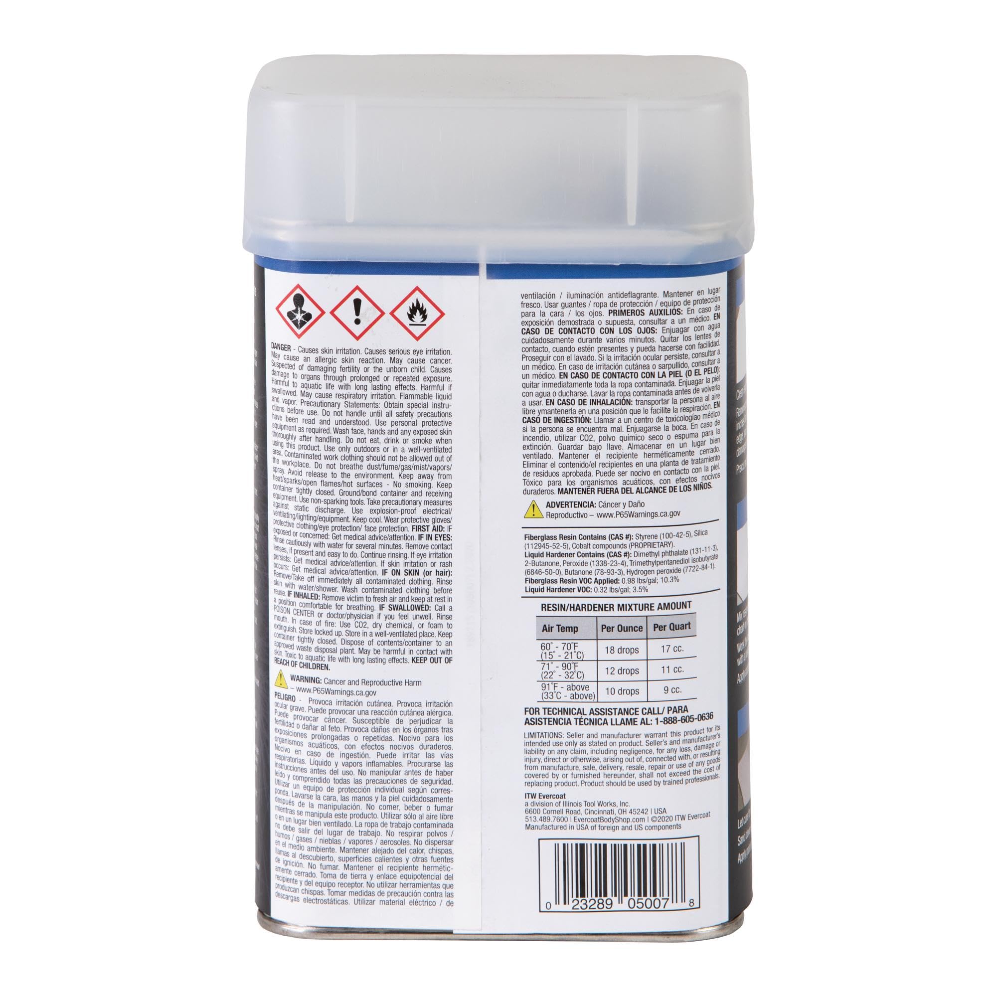 Evercoat Body Shop 105007 Resina de fibra de vidrio de grado profesional para reparar y reconstruir paneles y agujeros en fibra de vidrio, metal, madera y más, endurecedor fácil de mezclar incluido 32