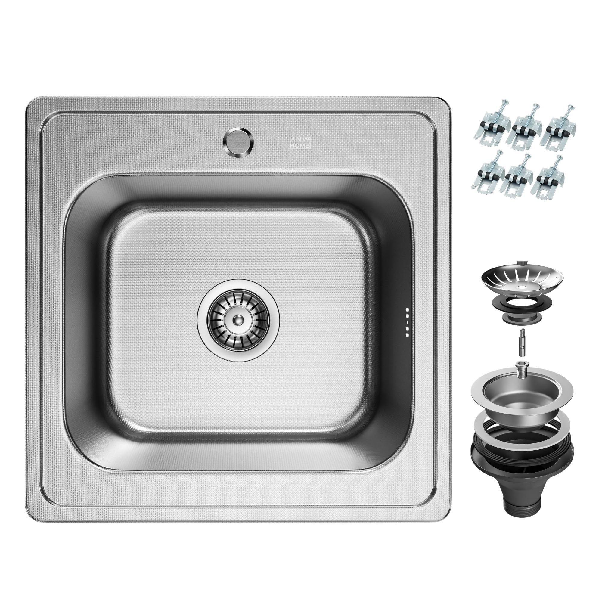 ANW HOME Fregadero Cocina 1 Seno, Fregadero sobre Encimera de Acero Inoxidable 48x48 cm, Color Plata, Acabado Antirrayas, Espesor 1 mm, 18 cm de Profundidad, con Sifón