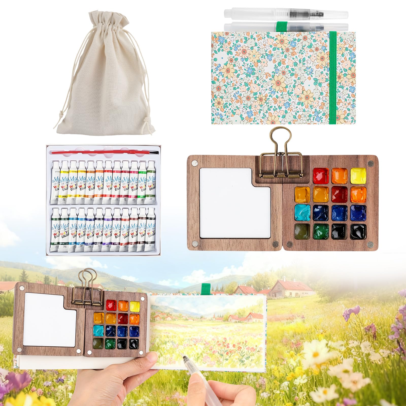 7 PCS Pocket Artist Watercolour Travel Set - 15 Grids Travel Watercolour Paint Set Portable, Mini Watercolour Paint Set Travel, Painting Set with Foldable Wooden Palette, Sketchbook, Brush (Pink)