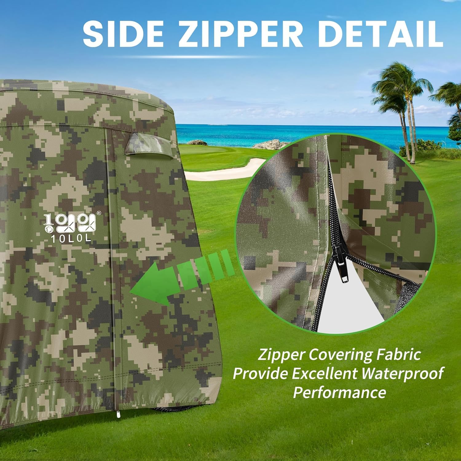 10L0L Housse de chariot de golf pour 4 + 2 passagers, convient pour Yamaha EZGO, Club Car, housse imperméable en polyester 420D avec trois portes à fermeture éclair, coupe-vent et solaire, camouflage