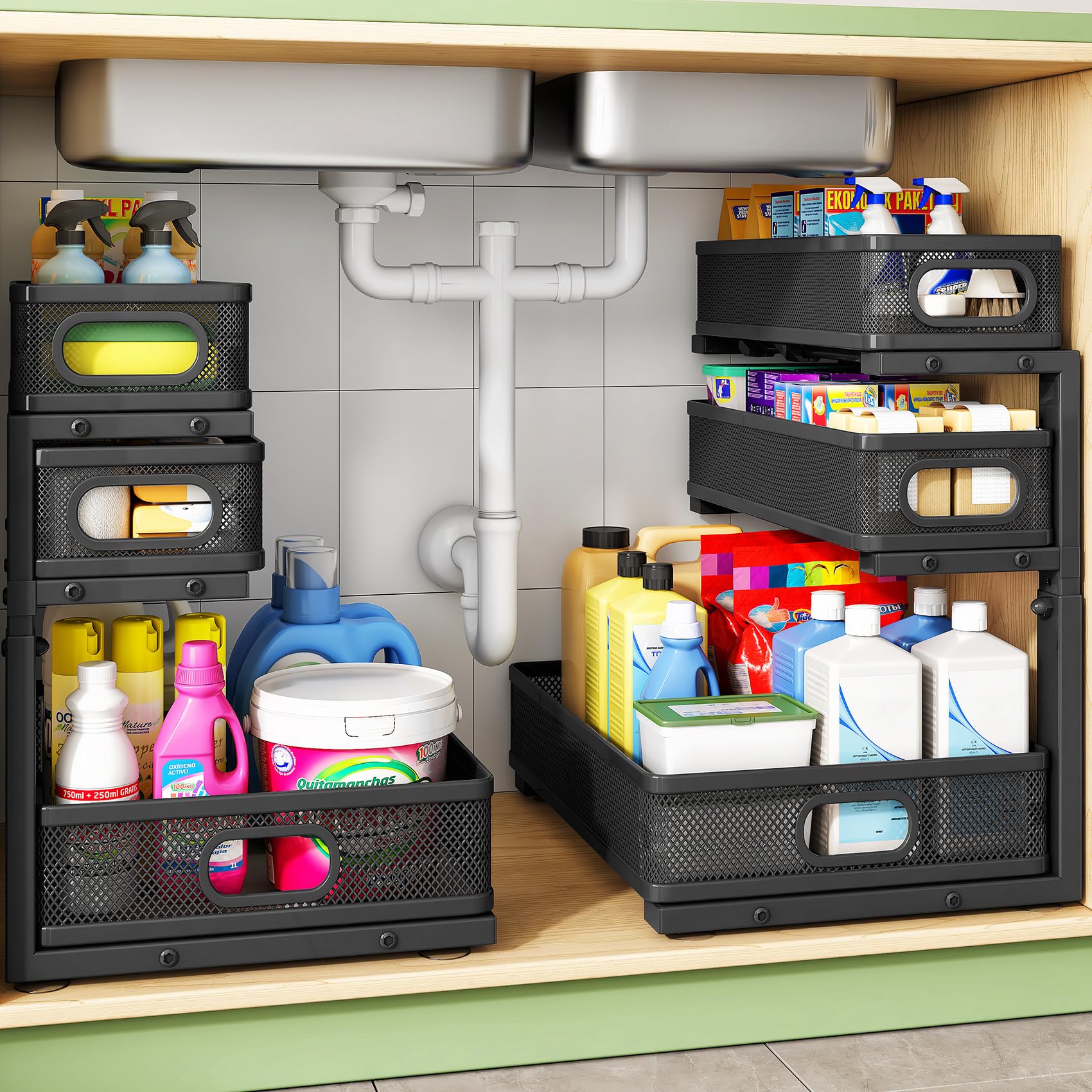 Photo 1 of Kitstorack Under Sink Organizer, 2-Pack 3-Tier Height Adjustable Thickened Metal Pull out Cabinet Organizer Shelf, Slide out Storage Drawer Rack for Bathroom Kitchen Pantry Home Laundry Organization