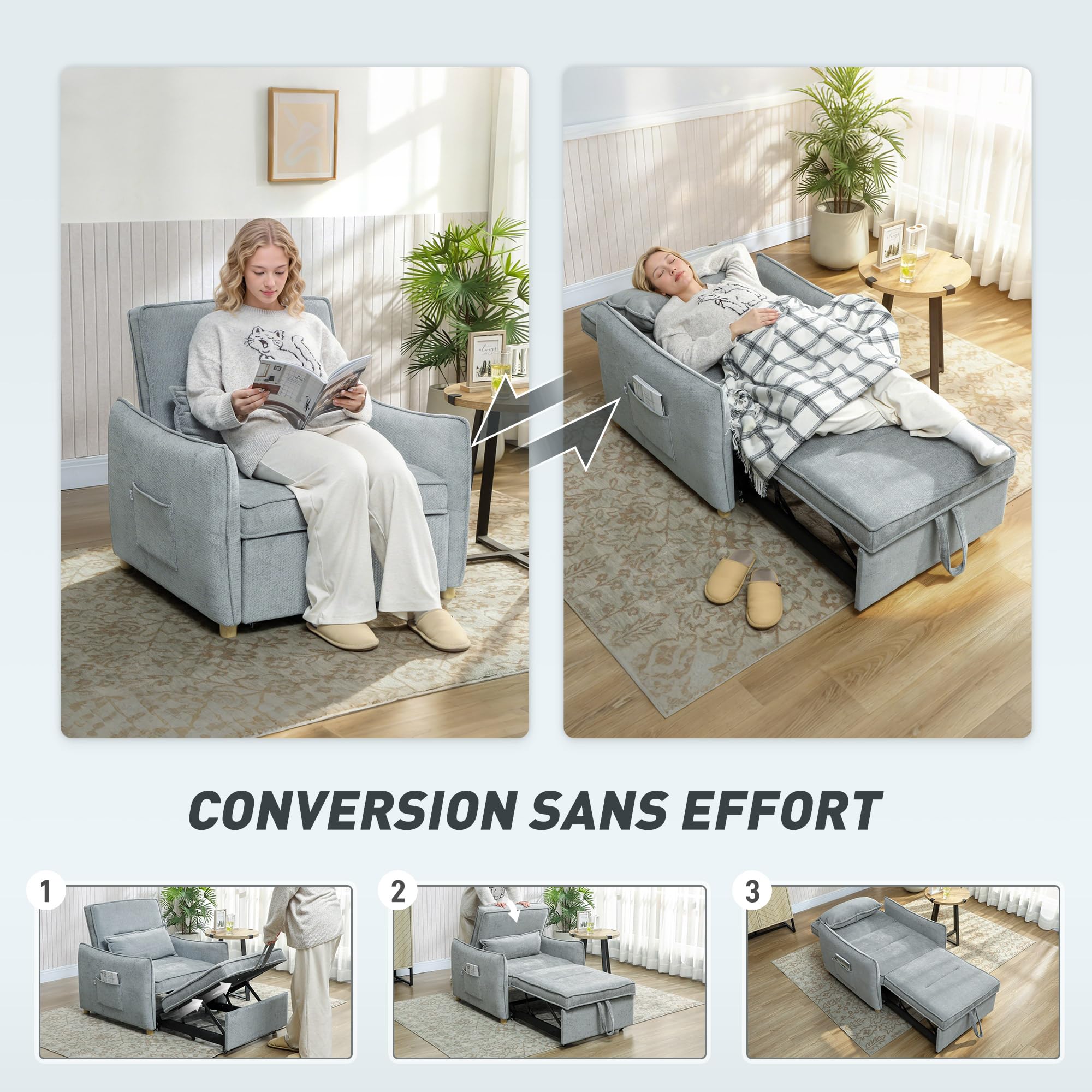 HOMCOM Fauteuil Convertible 1 Place 3 en 1, Fauteuil-lit clic-clac en Chenille avec Assise Large, Dossier réglable, Oreiller et Poches latérales, canapé-lit pour invités, Salon, Petits espaces, Gris