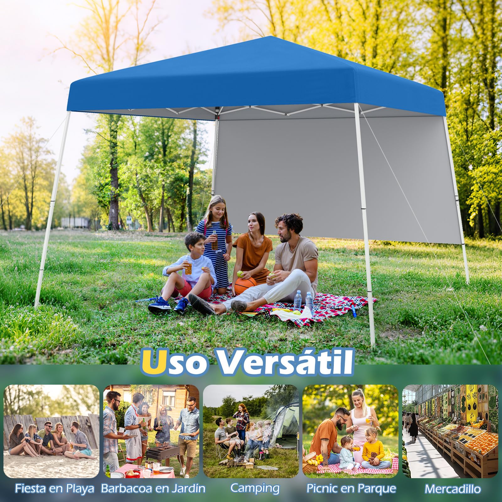 COSTWAY Carpa Plegable 3x3m, Pop up, cenadores para Jardin con 1 Pared Lateral, Bolsa de Transporte, Protección Solar, Pergolas de Jardin Exterior Camping, Playa (Azul)