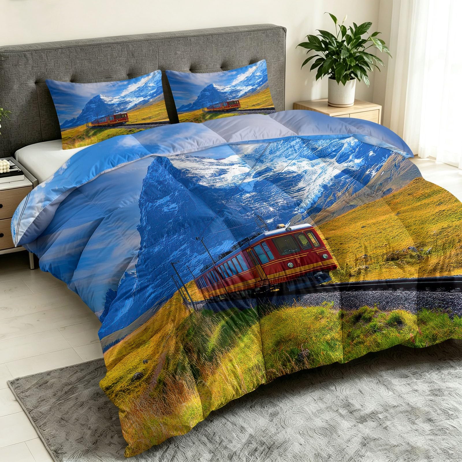 Kołdra 140 x 200 cm, Pejzaż zewnętrzny Lekka kołdra 4 pory roku, pociąg turystyczny z nadrukiem w śnieżne góry, dwustronna kołdra kołdra bez poszewki na poduszkę i 2 poszewki na poduszki 65x65 cm