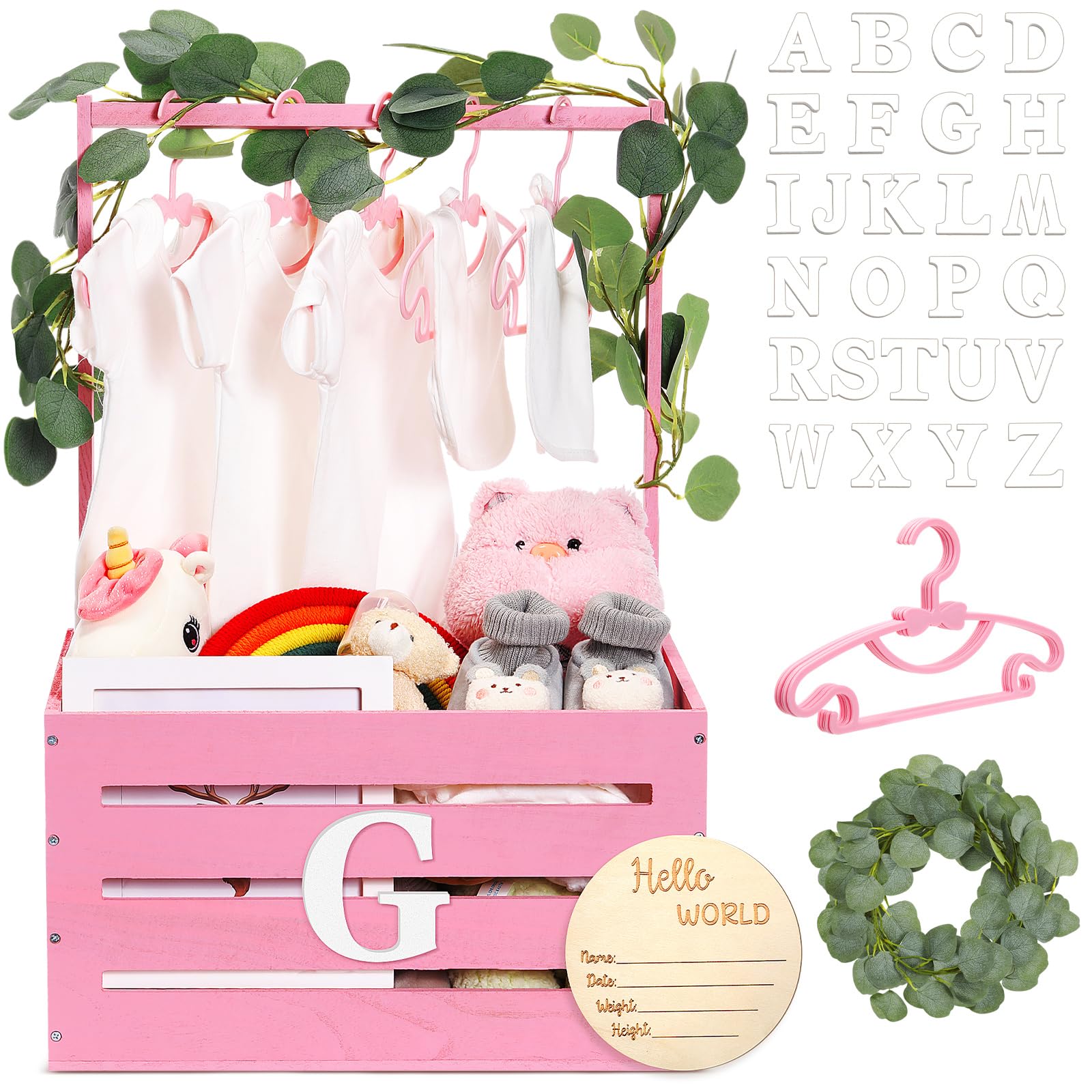 Barydat Wooden Baby Shower Crate Closet Basket with Handle Baby Announcement Sign Garland Hangers Large Letter, Wooden Gift Crate, Letters for