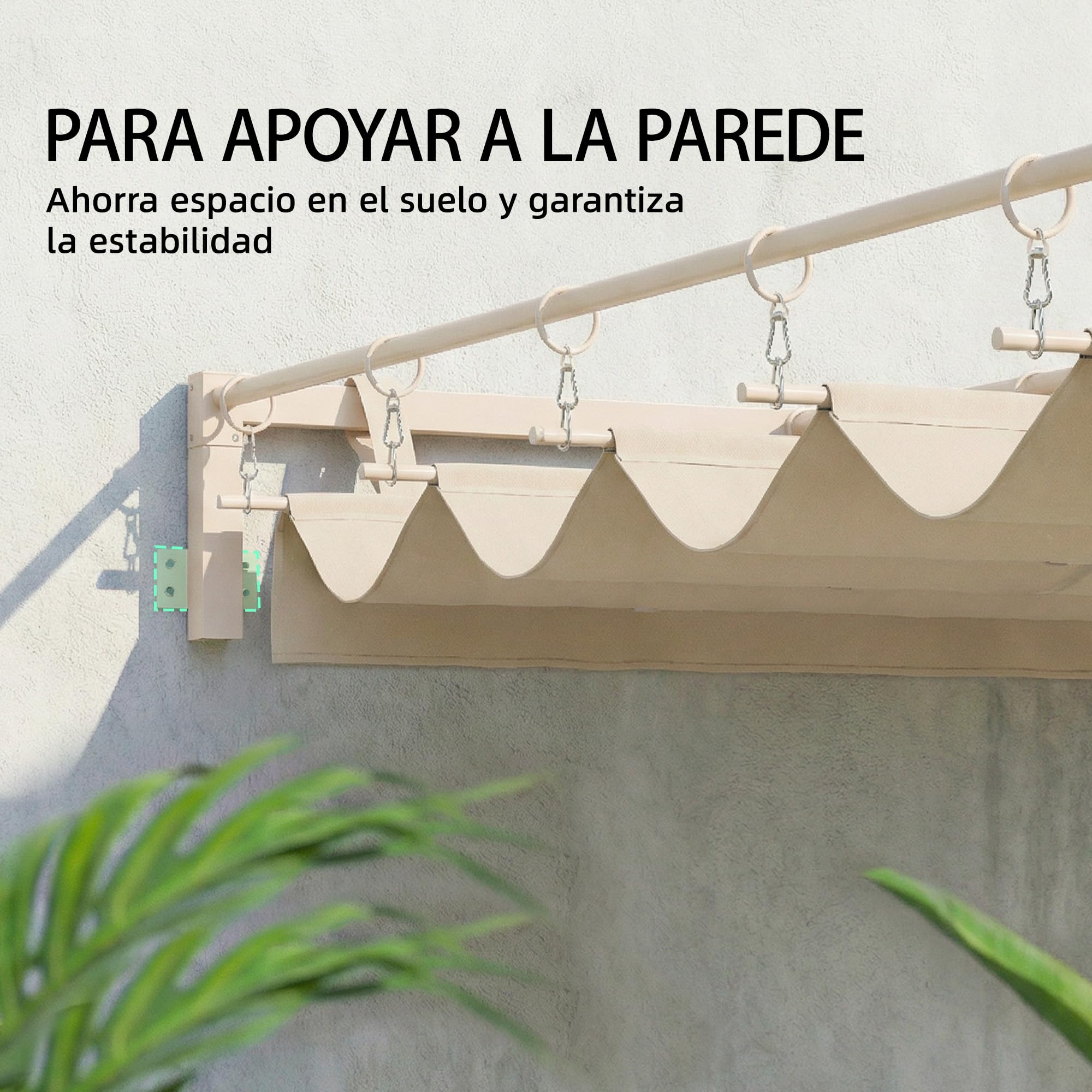 Outsunny Pérgola de Pared de Jardín 3x3 m, Cenador de Jardín con Techo Retráctil, Protección UPF30+, Orificios de Drenaje y Estructura de Acero, Pabellón para Patio, Terraza, Exterior, Beige — view 3