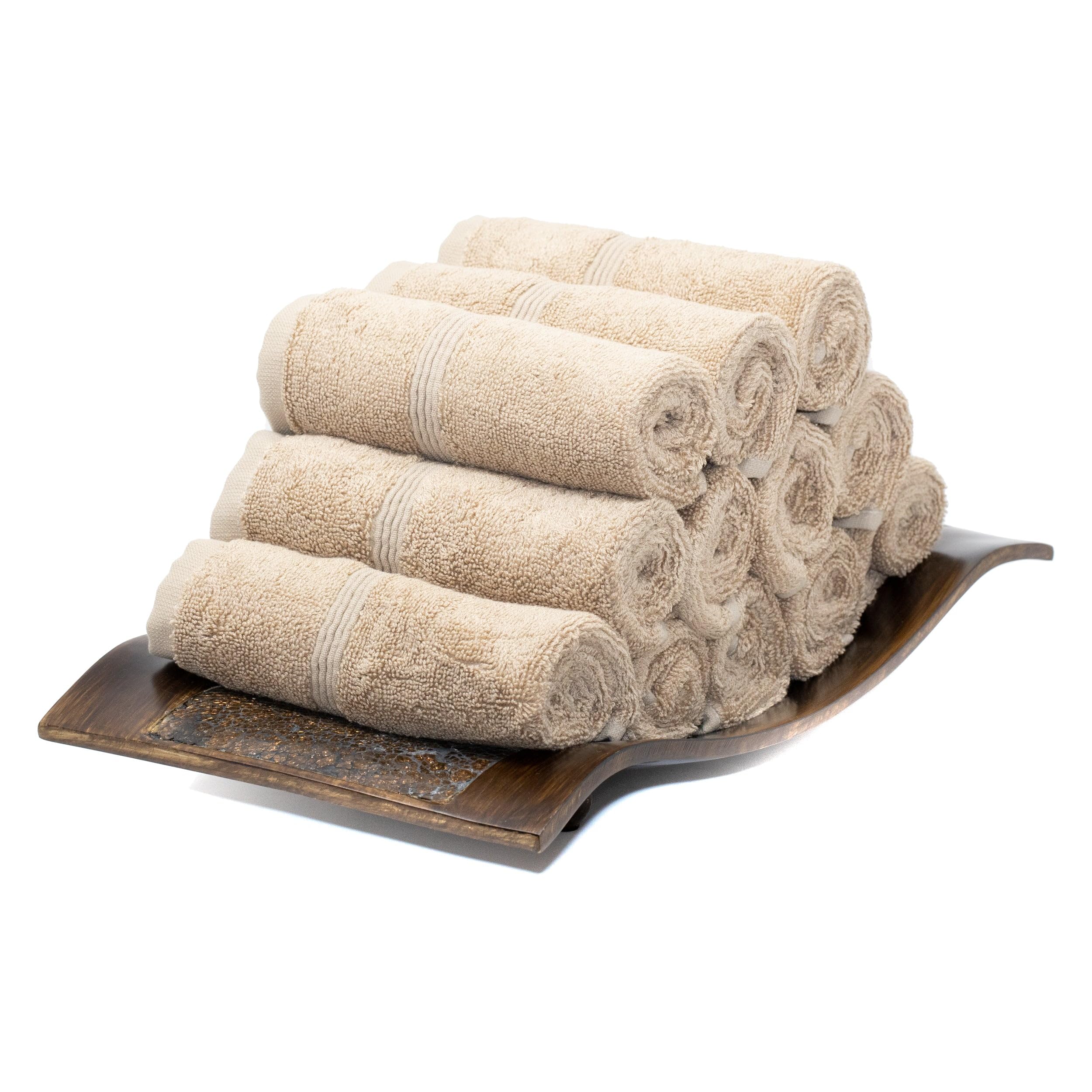 MOSOBAM 12-piece Washcloth Set - Light Taupe - 700 GSM Hotel Luxury Bamboo - Aegean Turkish Combed Cotton Towel