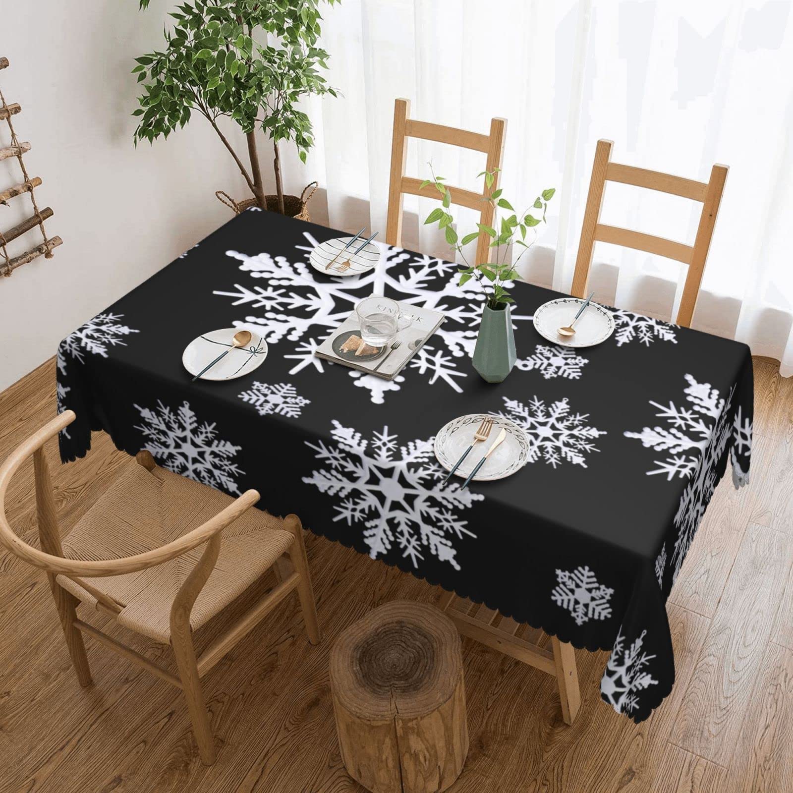 Rectangular Table Cloth Cover White Snowflakes Black Party Table Cloth Wipe Clean Table Covers Wrinkle-Free Party Table Cover For Kitchen Weddings Home,137X183cm