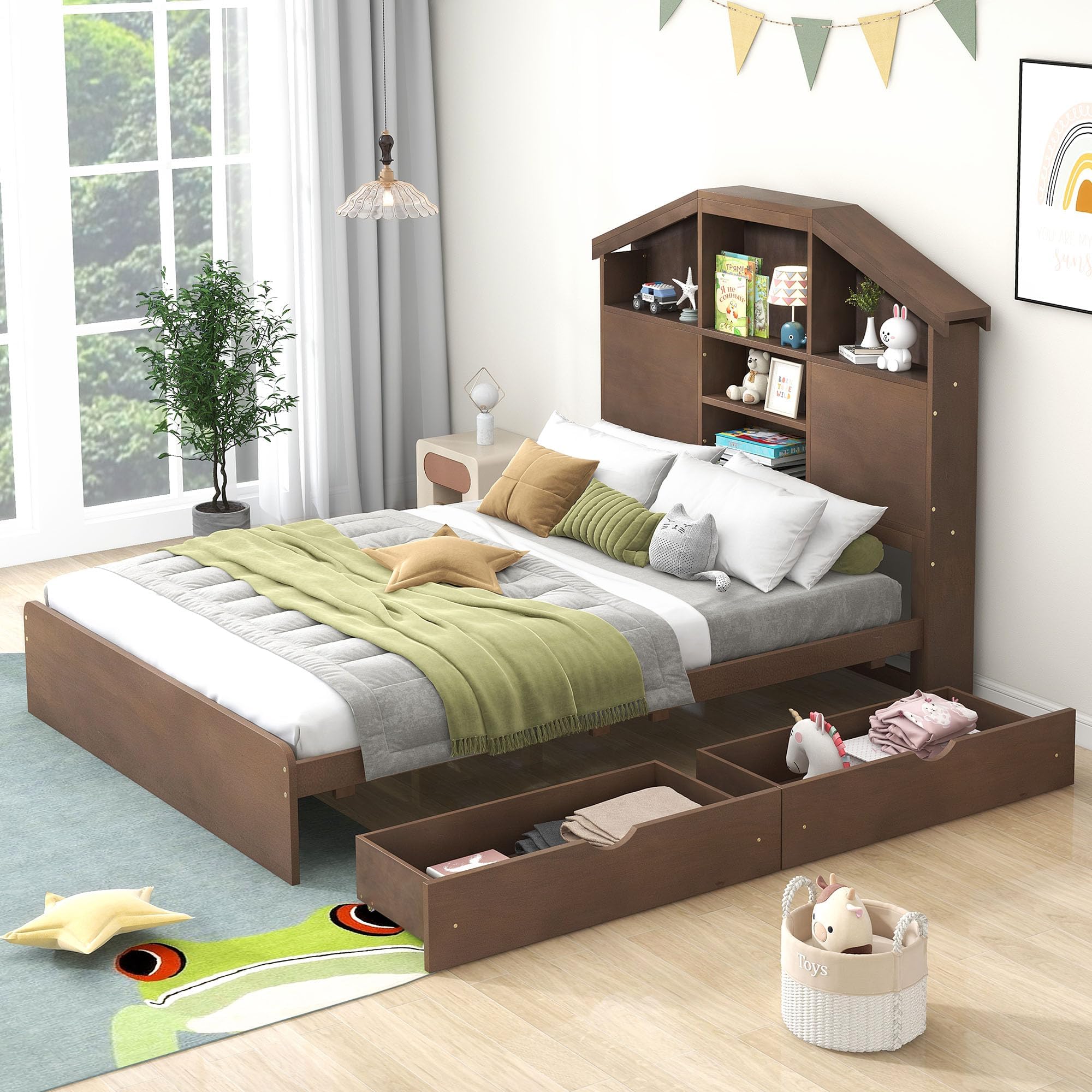 Merax Full Size Bed Frame Platform with House-Shaped Storage Headboard and 2 Drawers, Wood Slats Supports