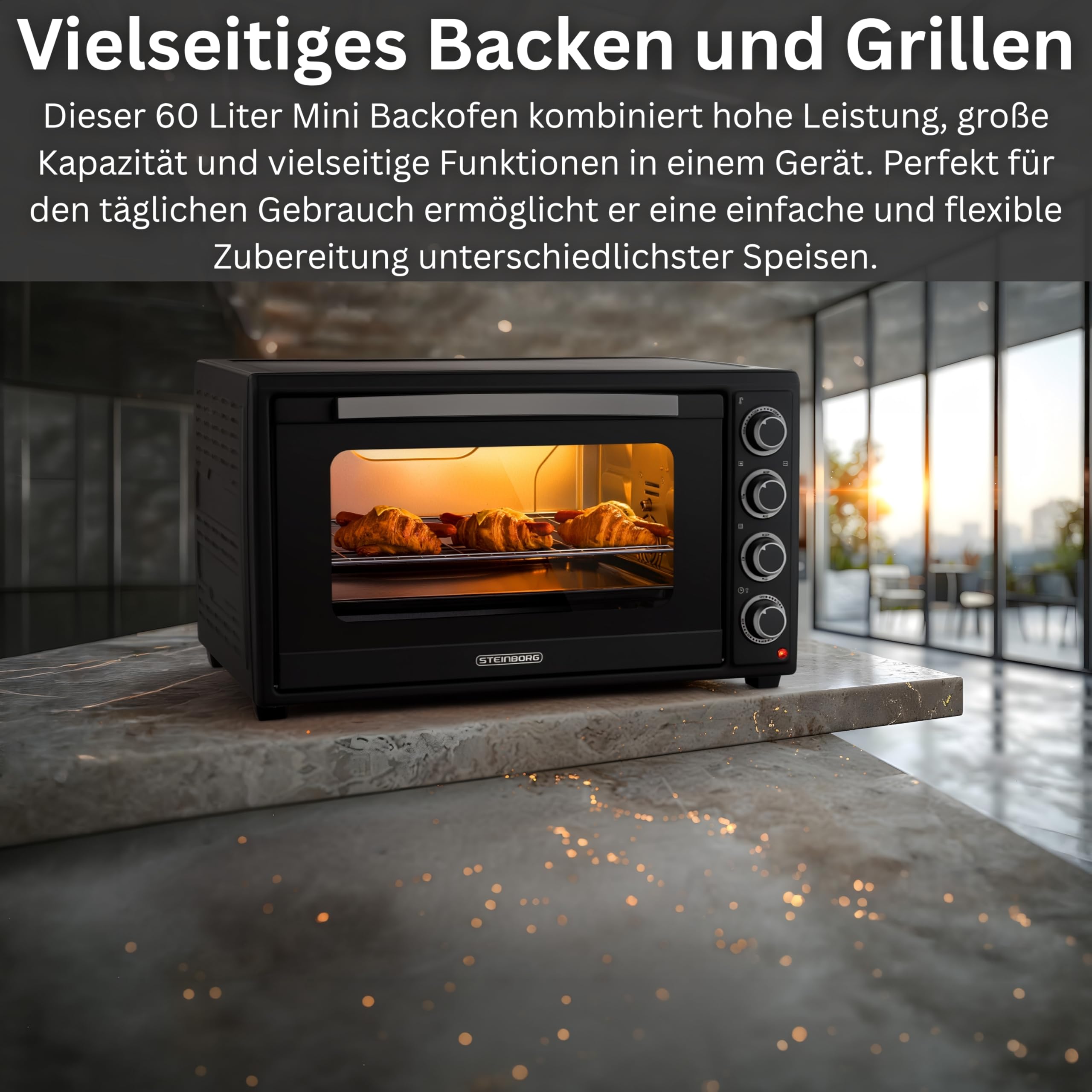 Steinborg® Mini Backofen 60 Liter mit Umluft & Drehspieß, 2000W Tischbackofen groß XXL, 100–230°C, 60 Min Timer, Ober-/Unterhitze & Konvektion, Pizzaofen 3-in-1 inkl. Zubehör